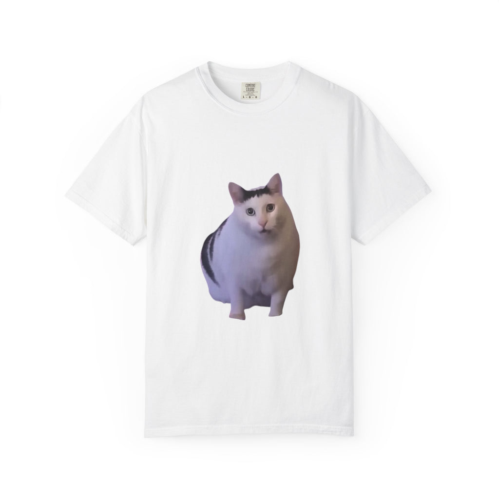 White t-shirt with a cat graphic on a white background