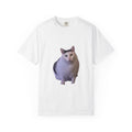 White t-shirt with a cat graphic on a white background