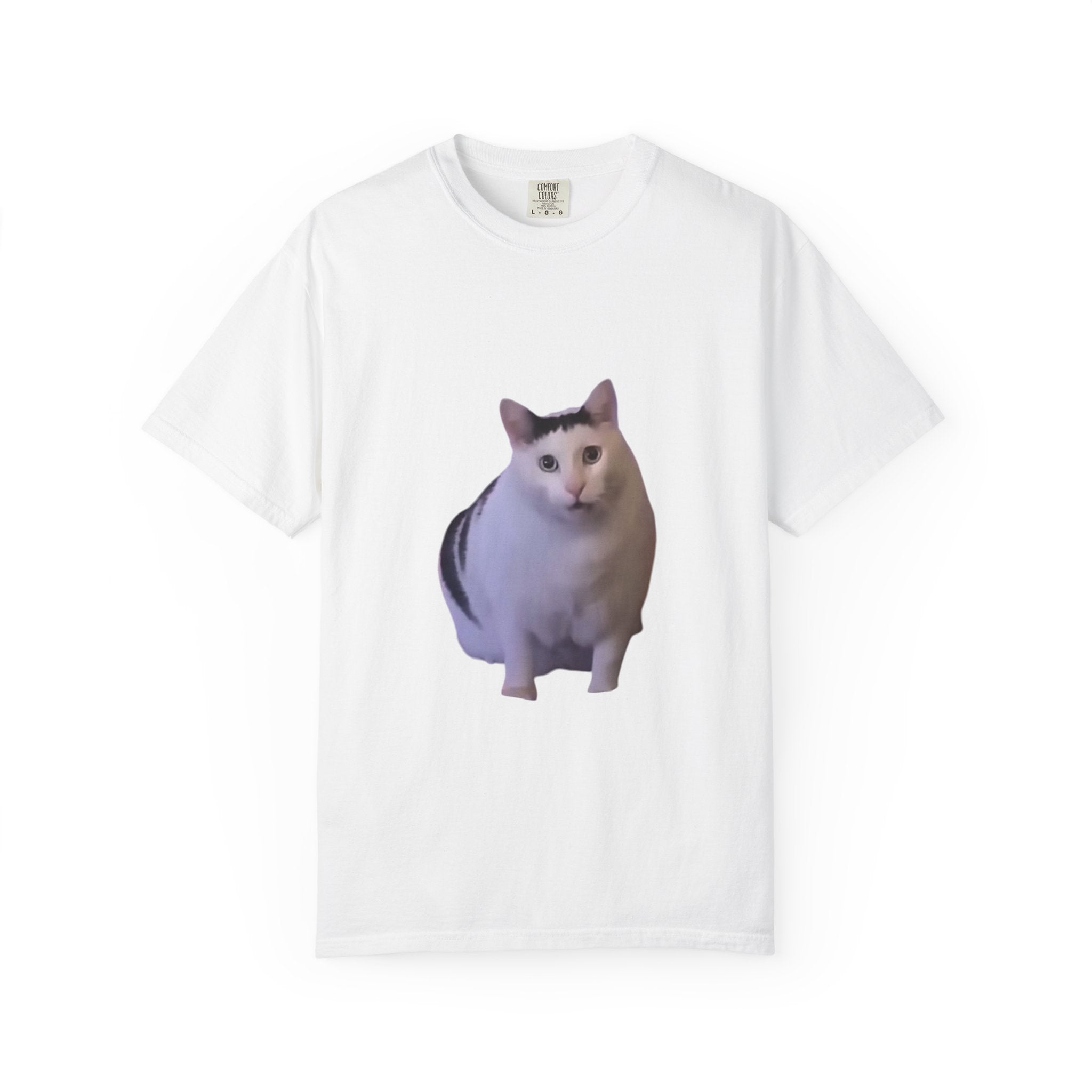 White t-shirt with a cat graphic on a white background