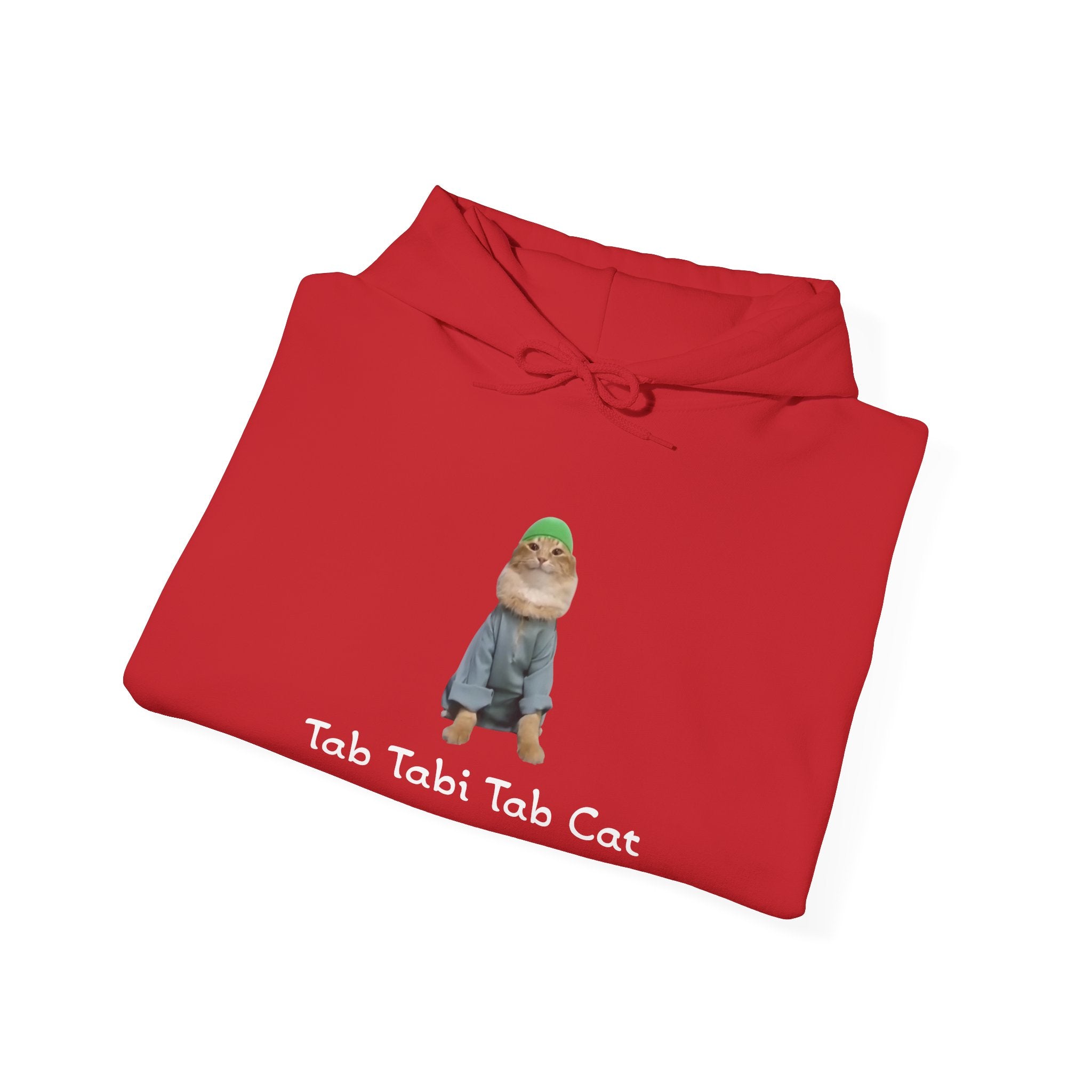 Folded red hoodie with a cat graphic and text on a white background