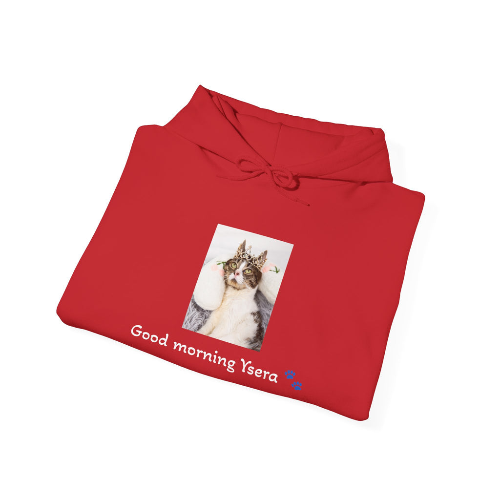 Folded red hoodie with a cat photo and text on a white background