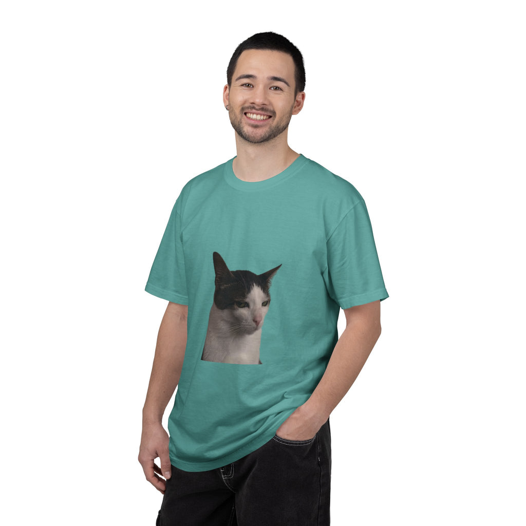 Man wearing a teal t-shirt with a cat graphic on a white background