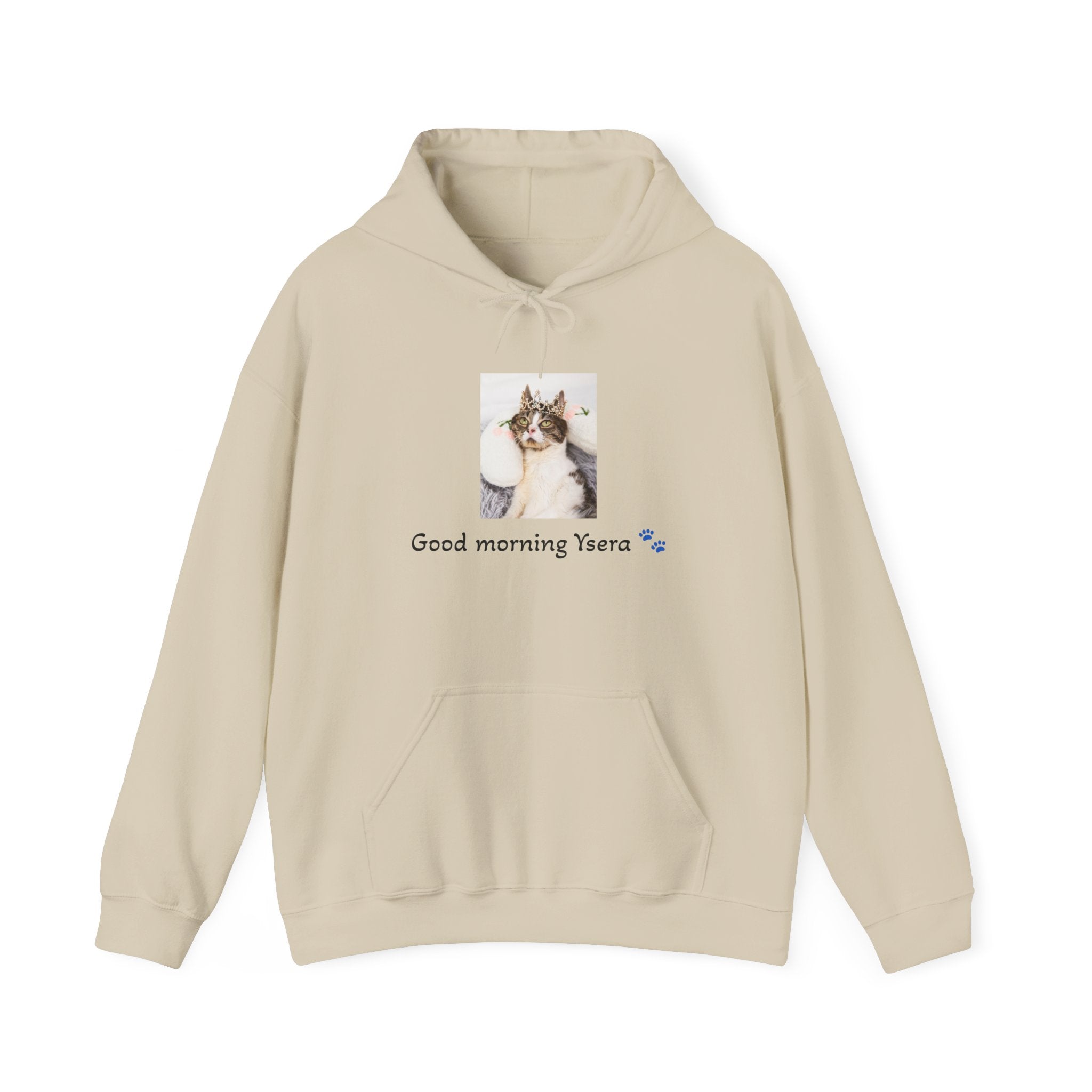 Beige hoodie with a cat graphic and text on a white background