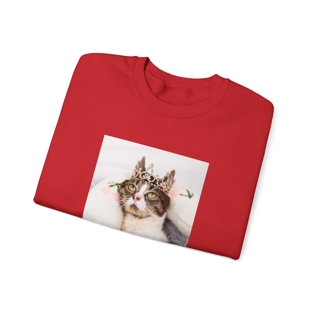 Folded red sweatshirt with a cat wearing a crown on a white background