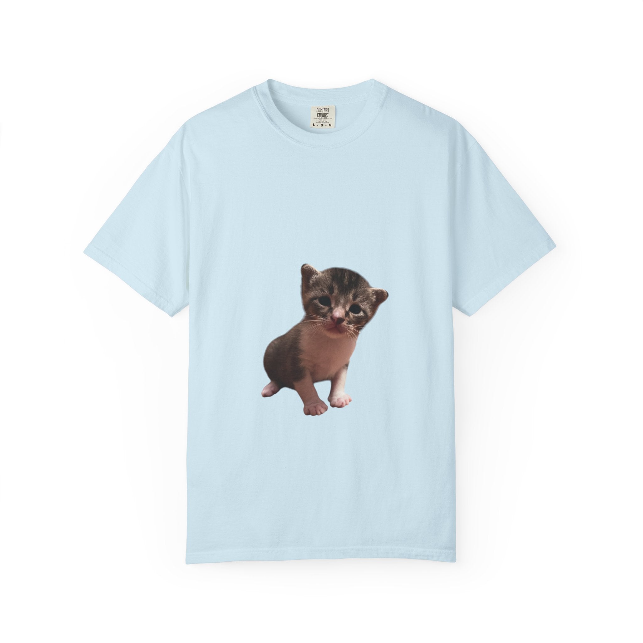 Light blue t-shirt with a kitten graphic on a white background