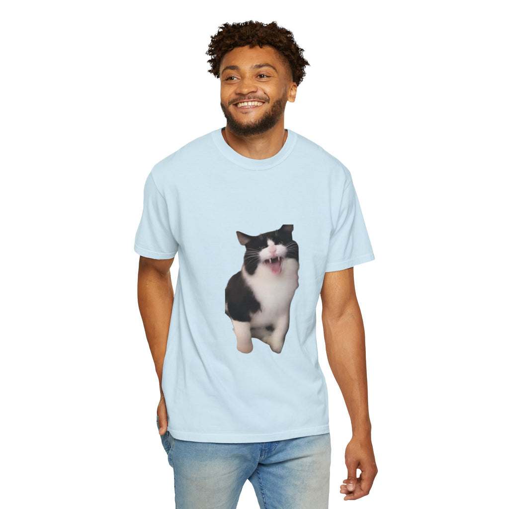 Man wearing a light blue t-shirt with a cat graphic on a white background