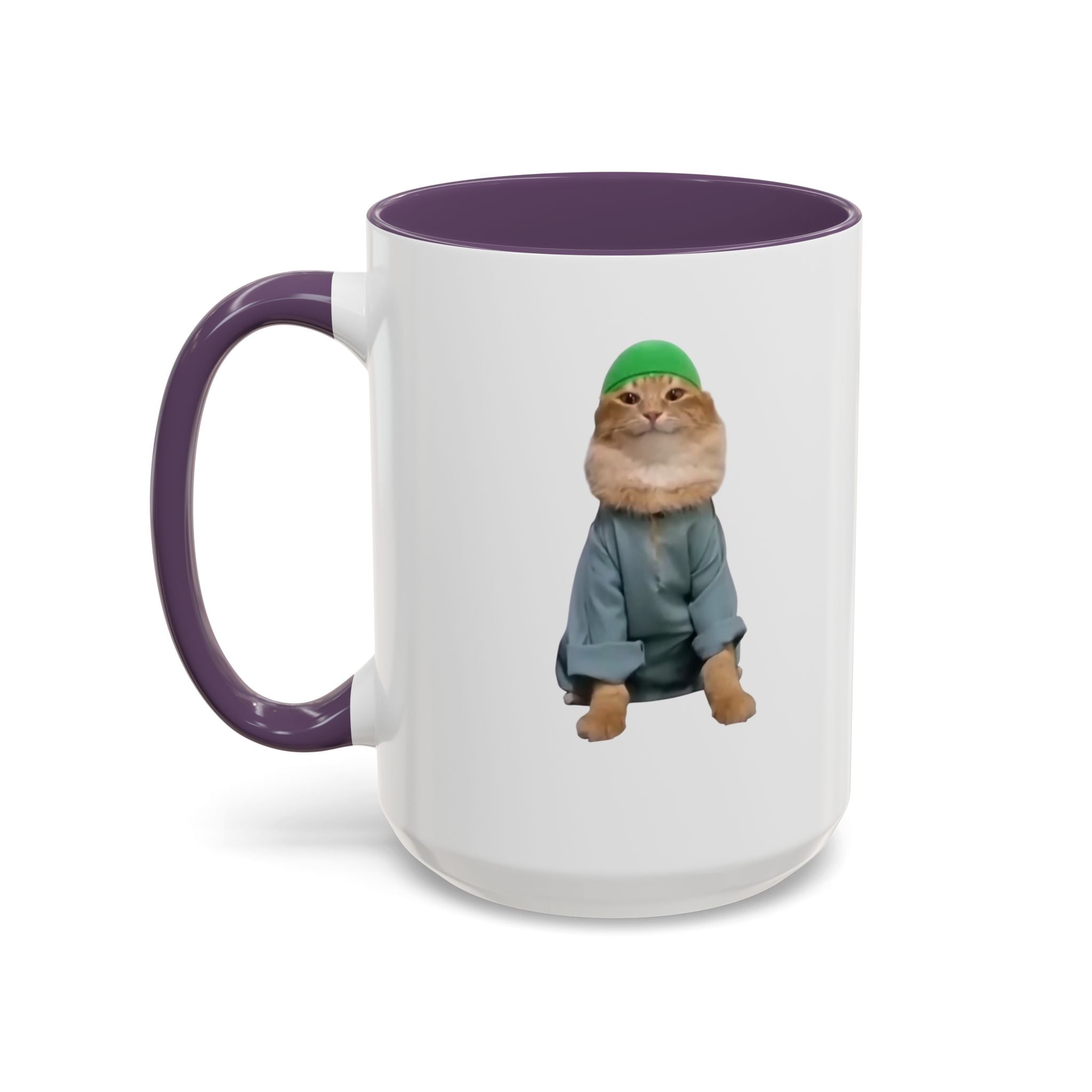 Mug with a cat wearing a hat and coat design on a white background