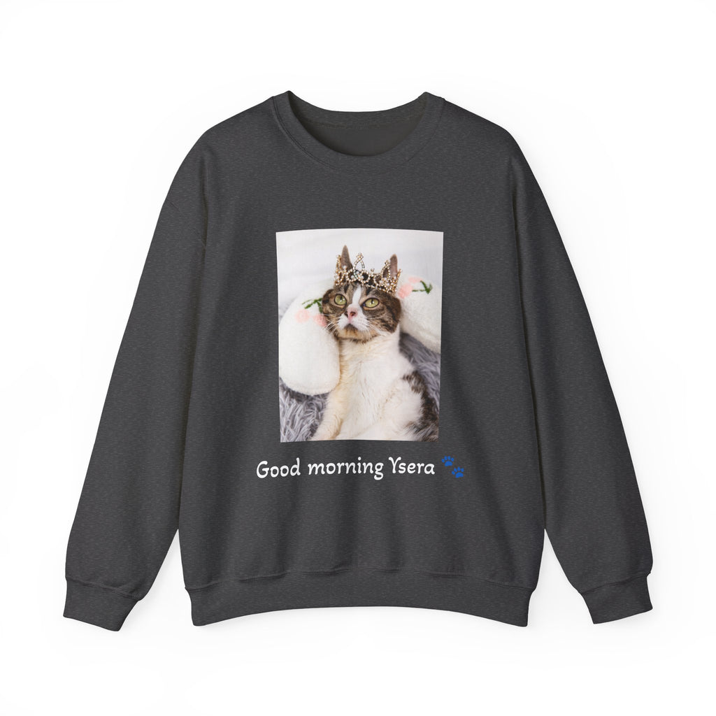 Black sweatshirt with a cat graphic and text 'Good morning Yera' on a white background