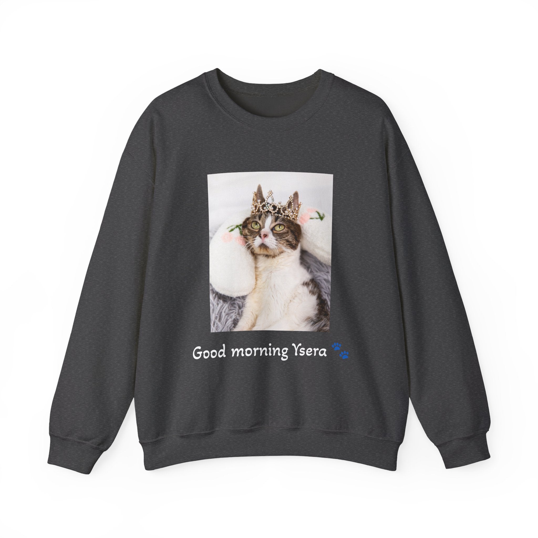 Black sweatshirt with a cat graphic and text 'Good morning Yera' on a white background