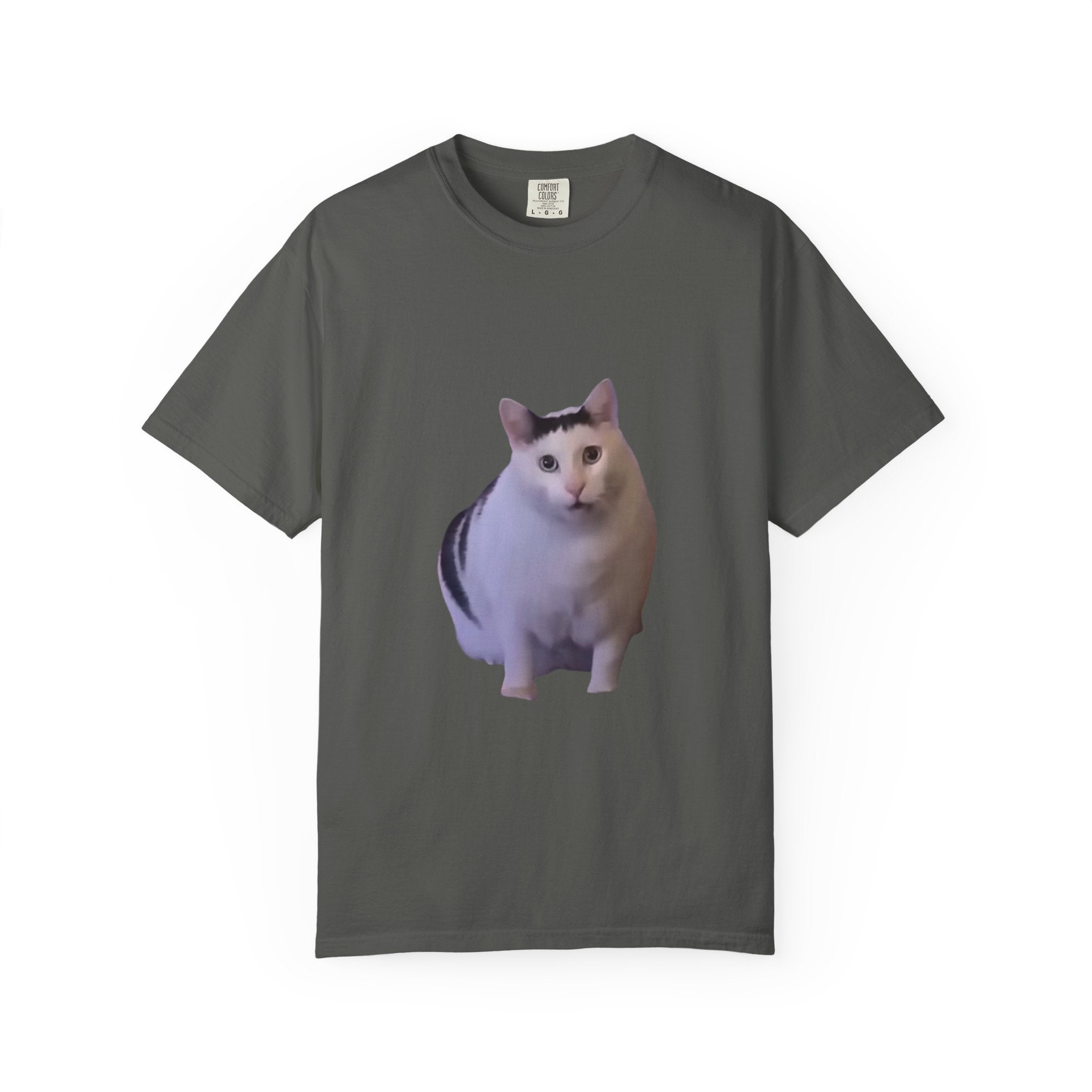 Gray t-shirt with a cat graphic on a white background
