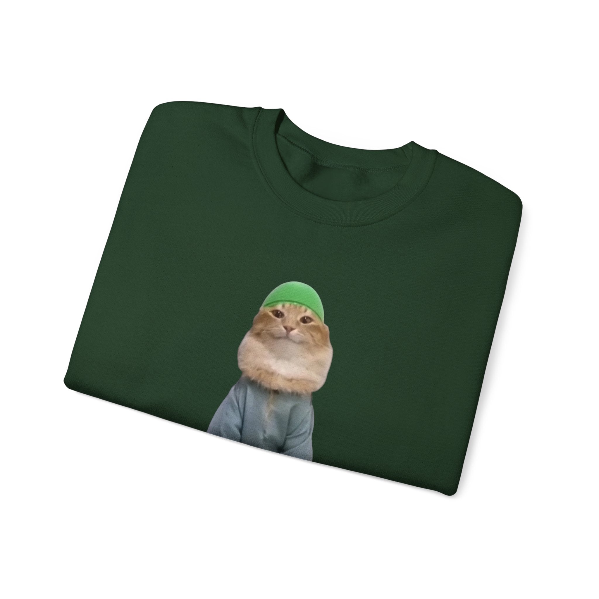 Folded green t-shirt with a printed design of a cat wearing a green beanie on a white background
