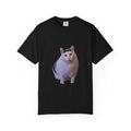 Black t-shirt with a cat graphic on a white background