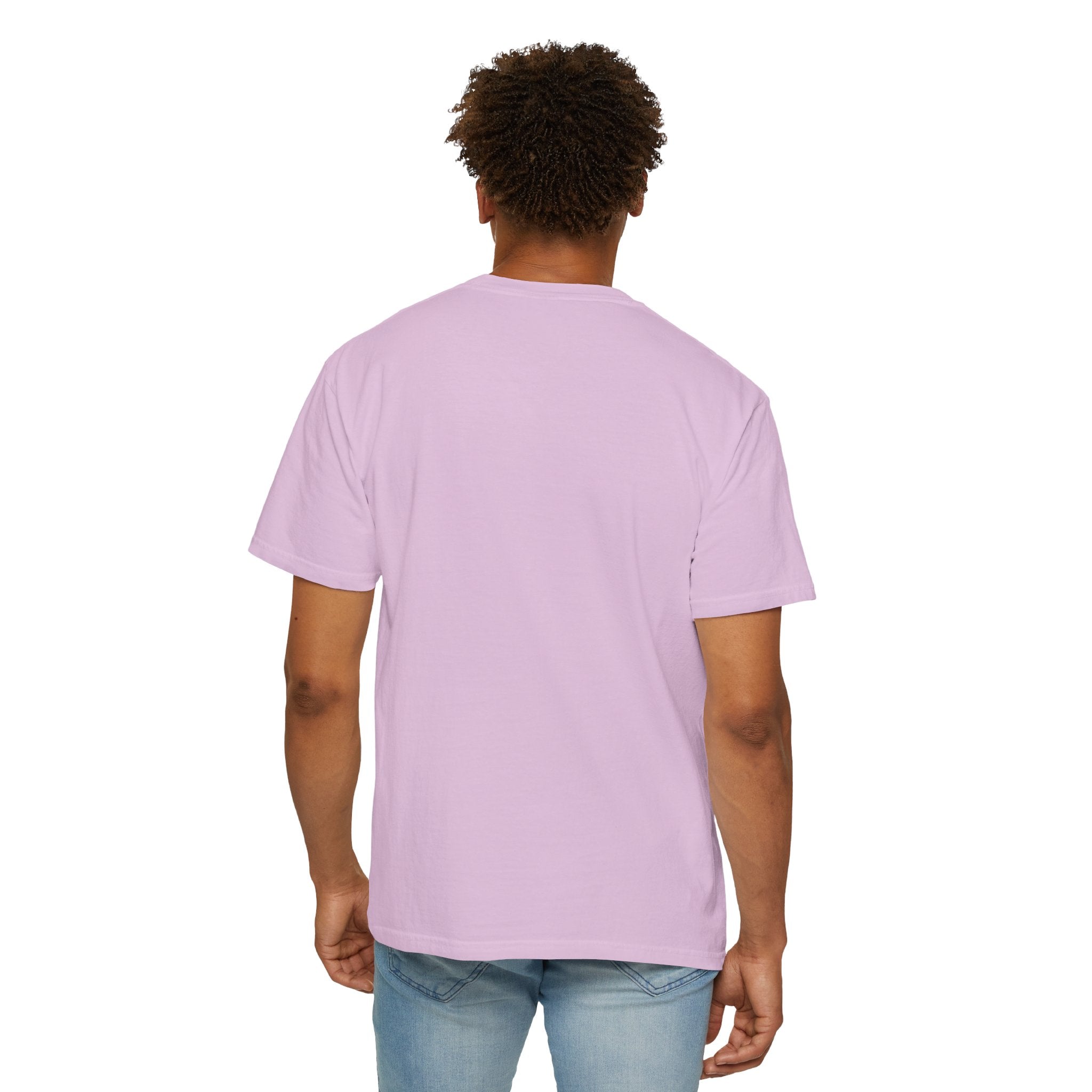 Person wearing a light purple t-shirt with a logo on the back, standing against a white background