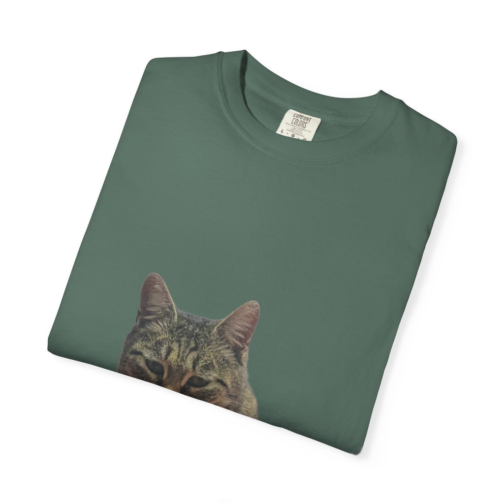 Folded green t-shirt with a cat's face print on a white background