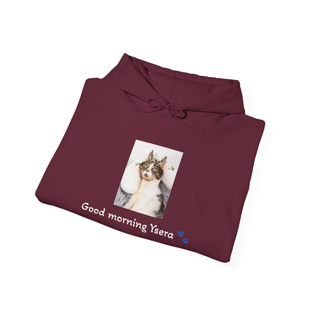Folded maroon hoodie with a cat photo and text on a white background