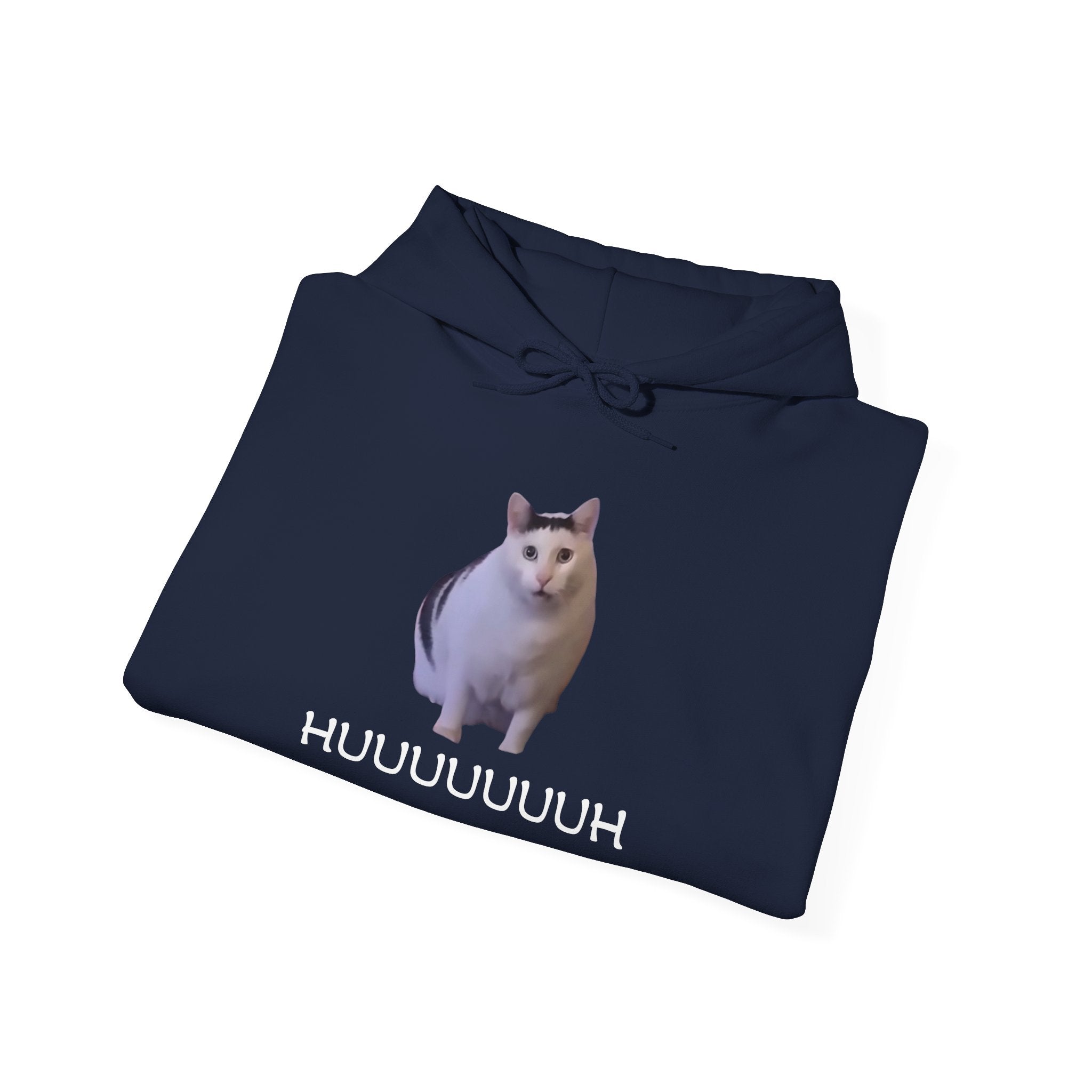 Navy blue hoodie with a white cat graphic and 'HUUUUUUH' text on a white background
