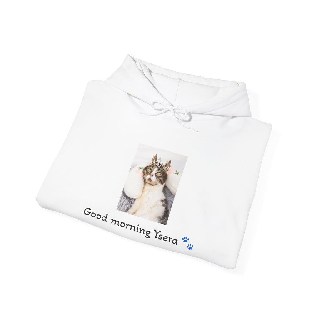 White blanket with a photo of a cat and text 'Good morning Ysera' on a white background