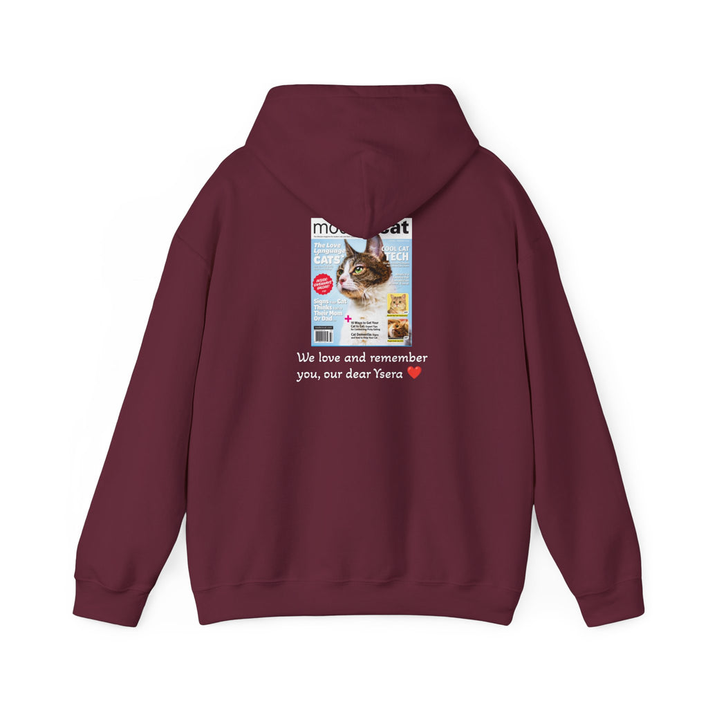 Maroon hoodie with a printed design on the back featuring a cat and text.