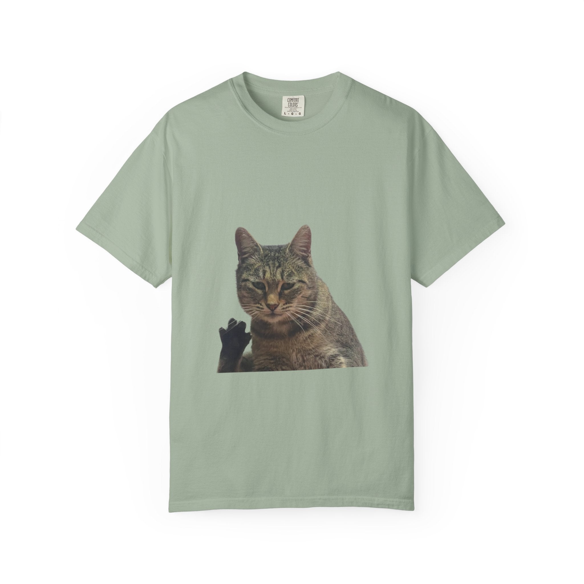Light green t-shirt with a cat graphic on a white background