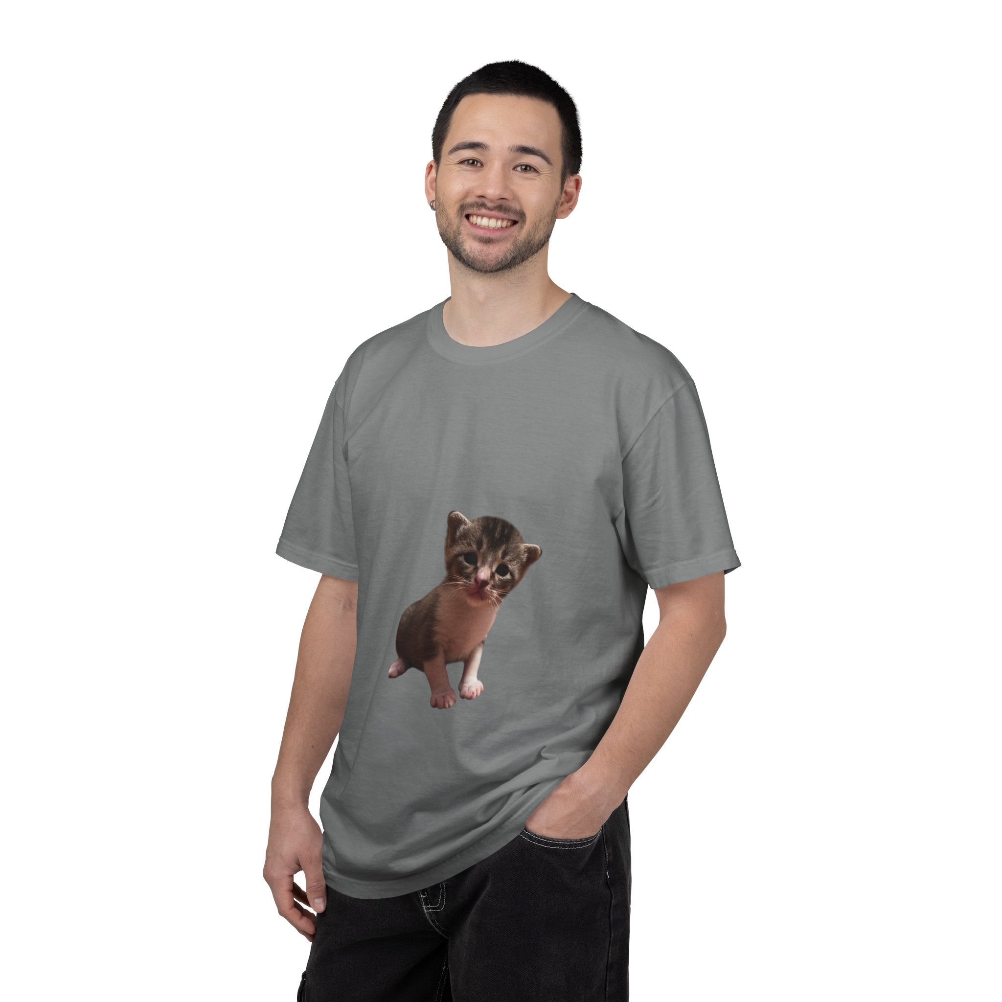Man wearing a gray t-shirt with a graphic of a small animal on a white background