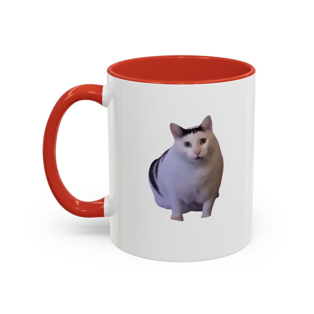 White mug with red interior and handle featuring a cat illustration on a white background