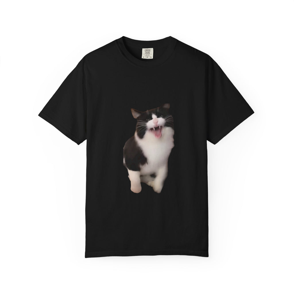 Black t-shirt with a cat graphic on a white background