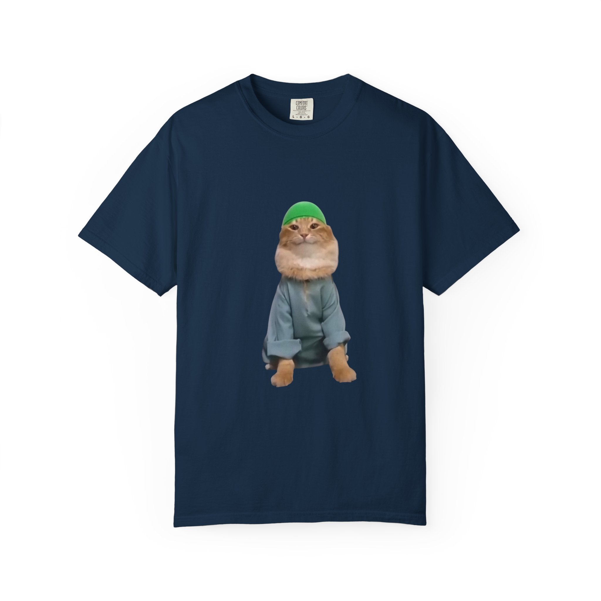 Navy blue t-shirt with a graphic of a cat wearing a green hat and gray sweater on a white background.