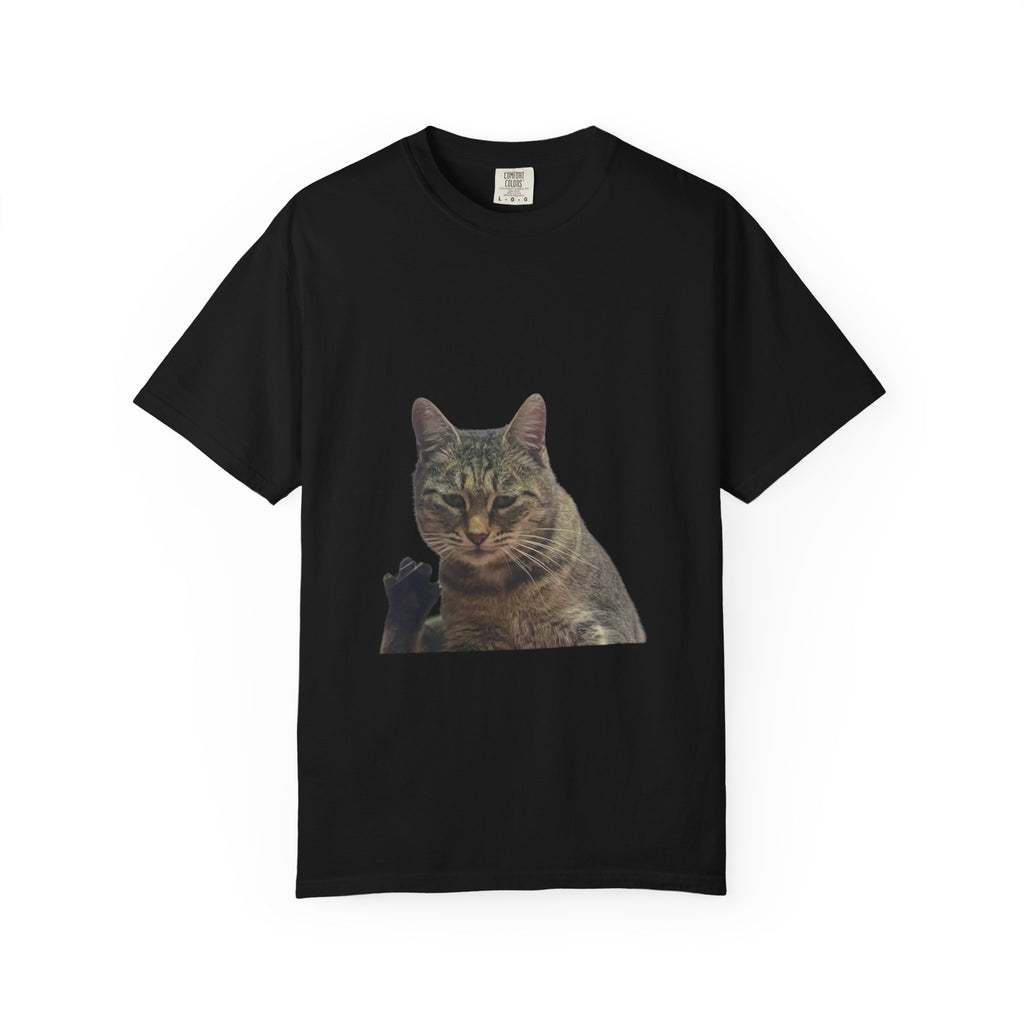Black t-shirt with a cat graphic on a white background