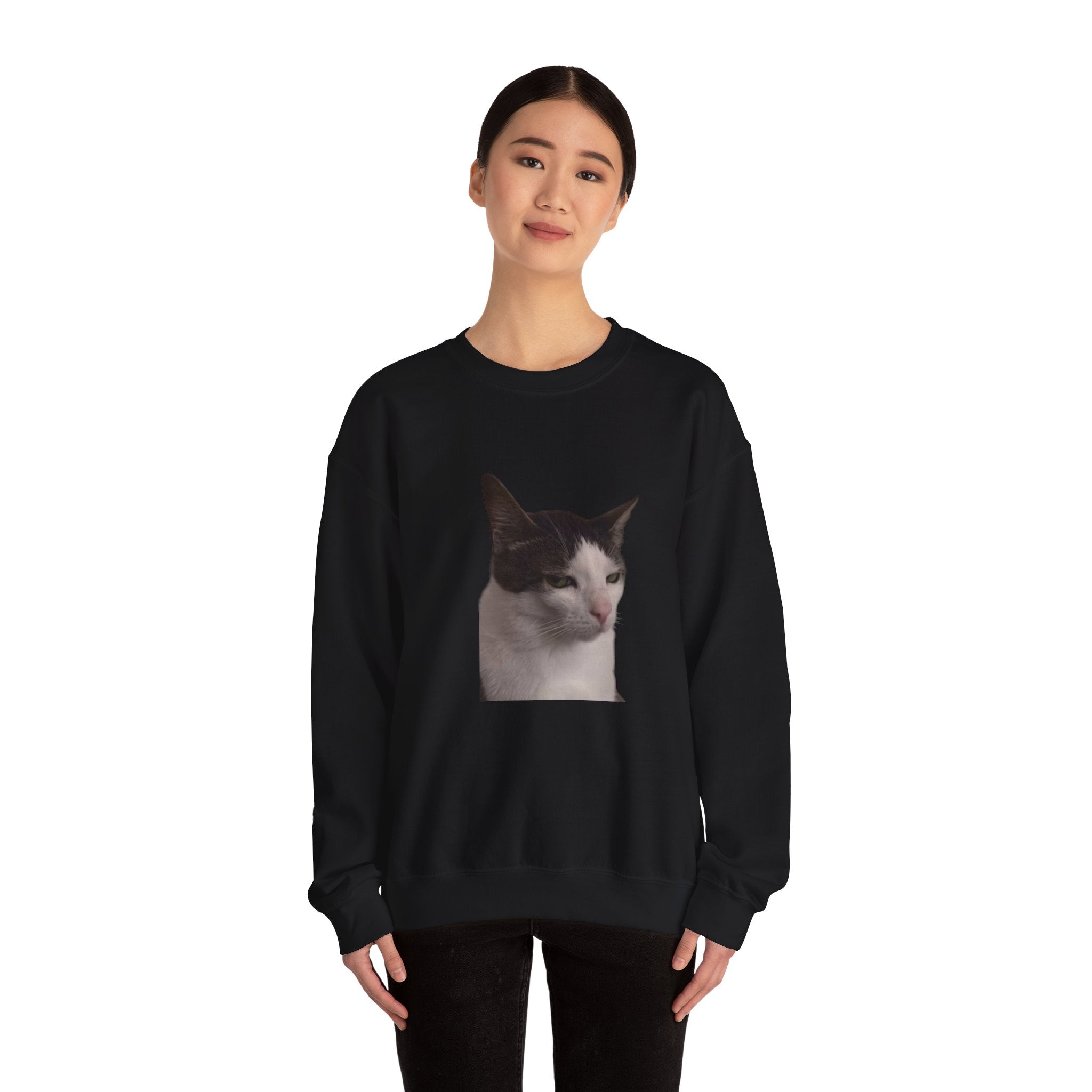 Person wearing a black sweatshirt with a cat print on a white background