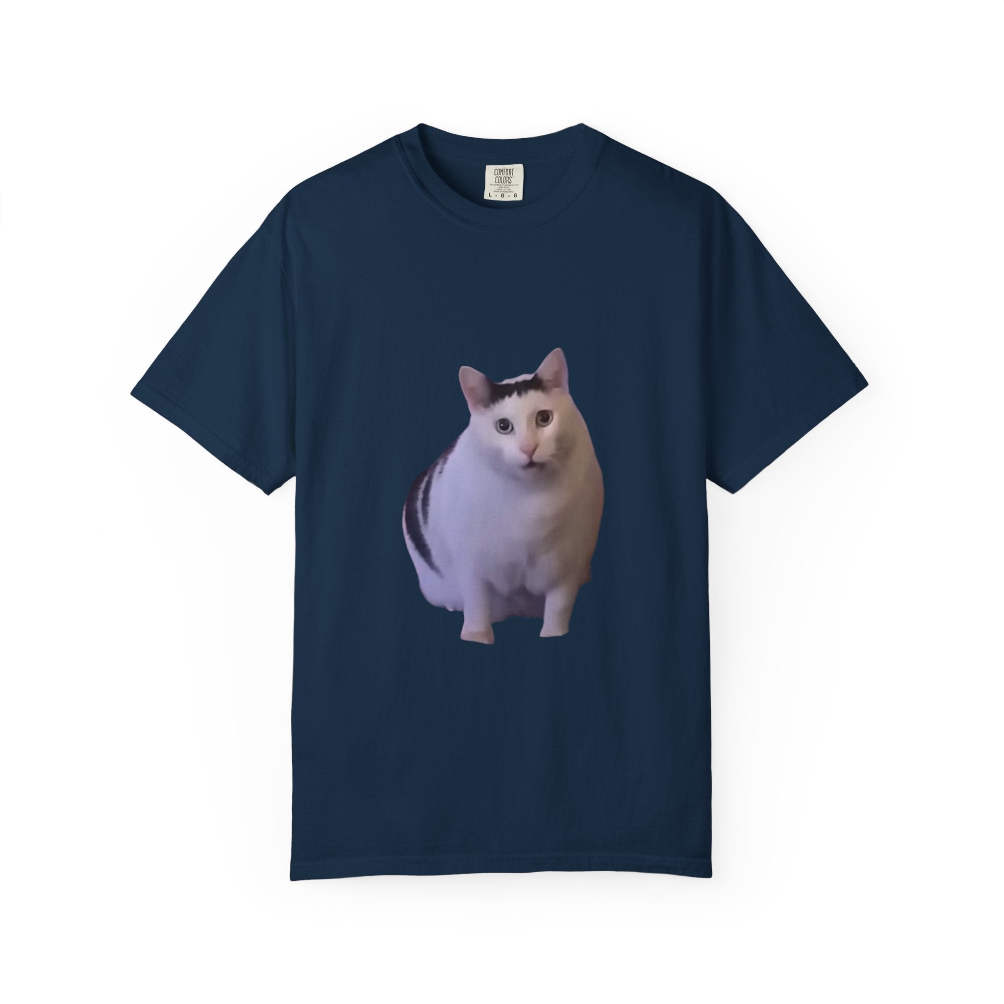 Navy blue t-shirt with a cat graphic on a white background