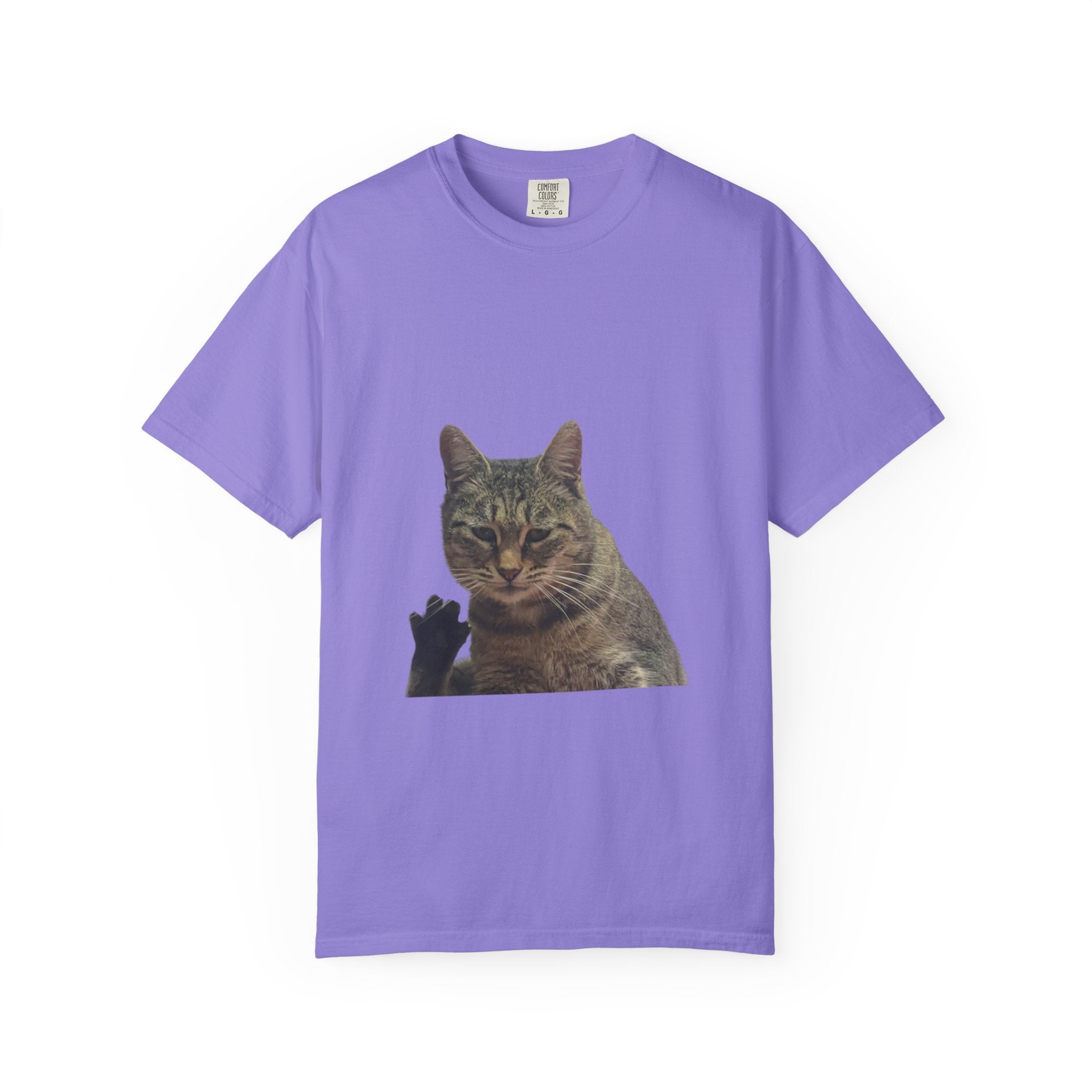 Purple t-shirt with a cat graphic on a white background