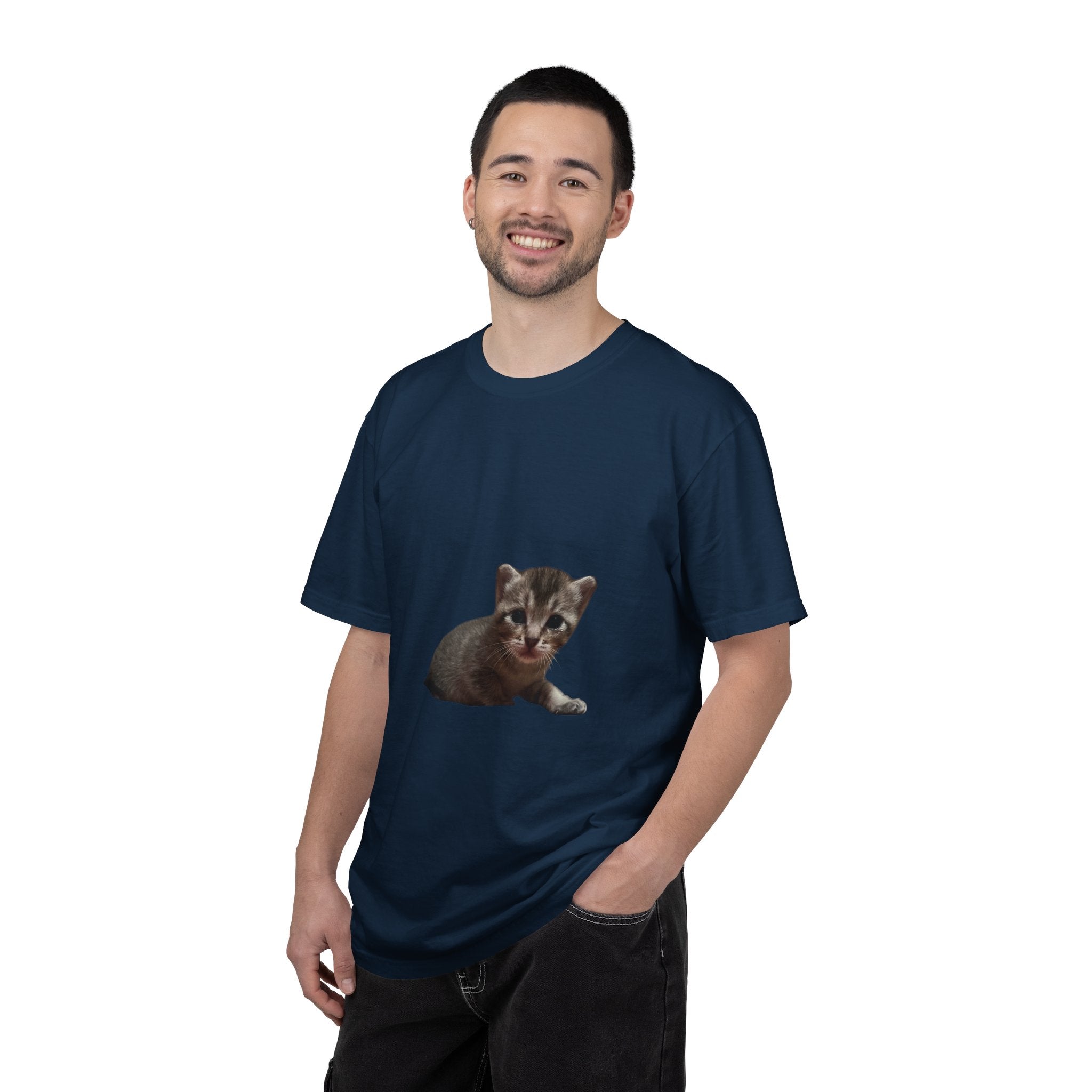 Man wearing a navy blue t-shirt with a kitten graphic on a white background