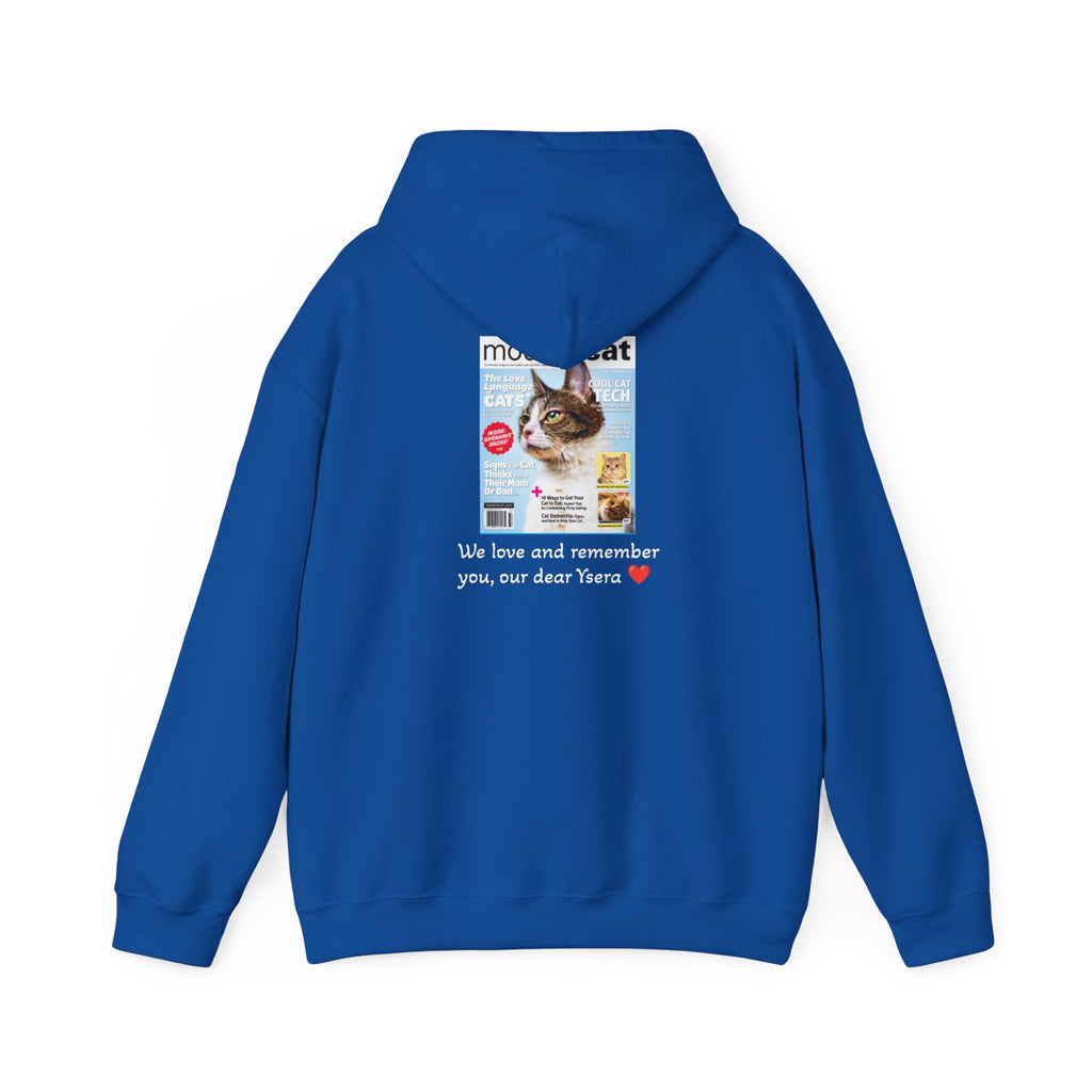 Blue hoodie with a printed design on the back featuring a cat and text.