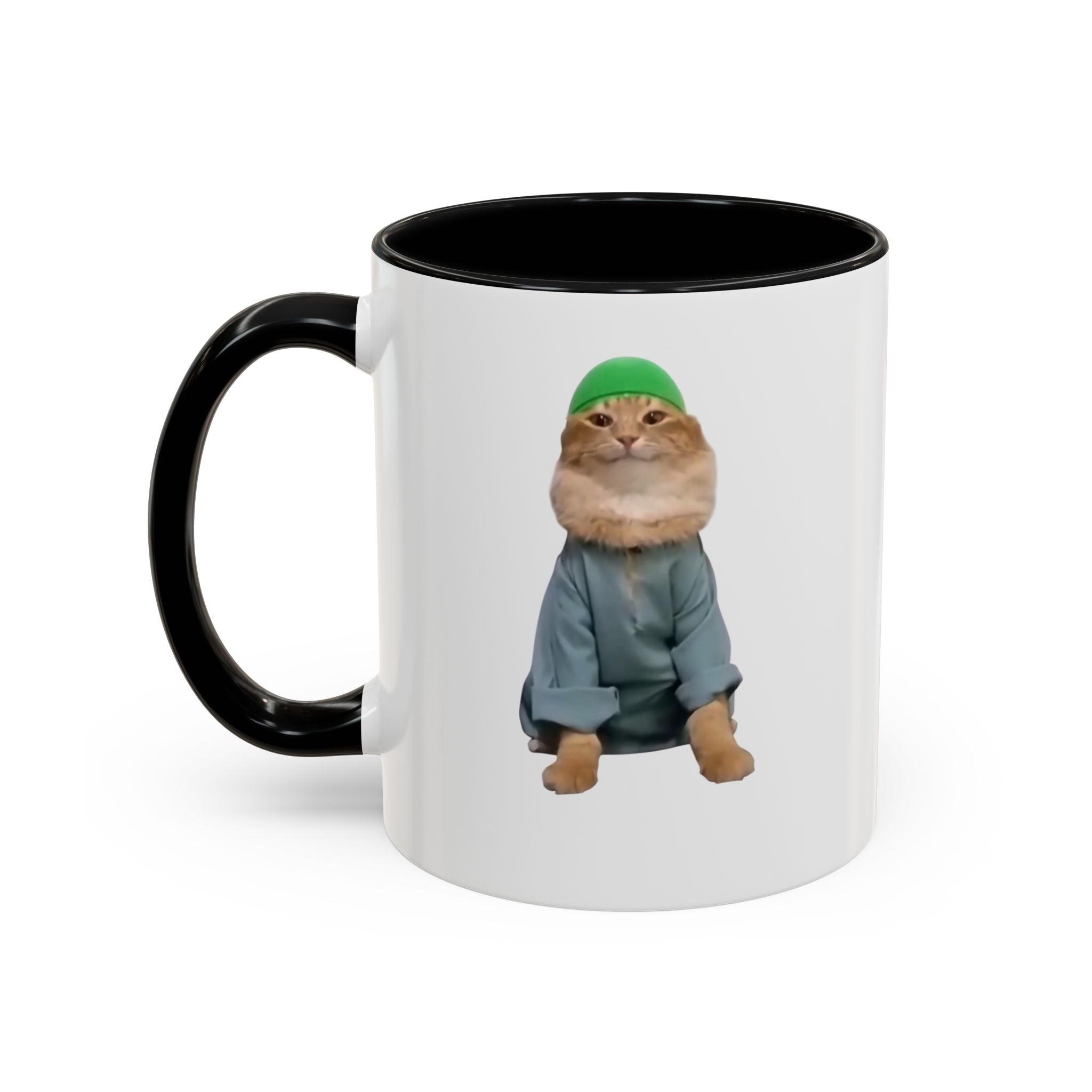Mug with a cat wearing a green beanie and gray outfit on a white background