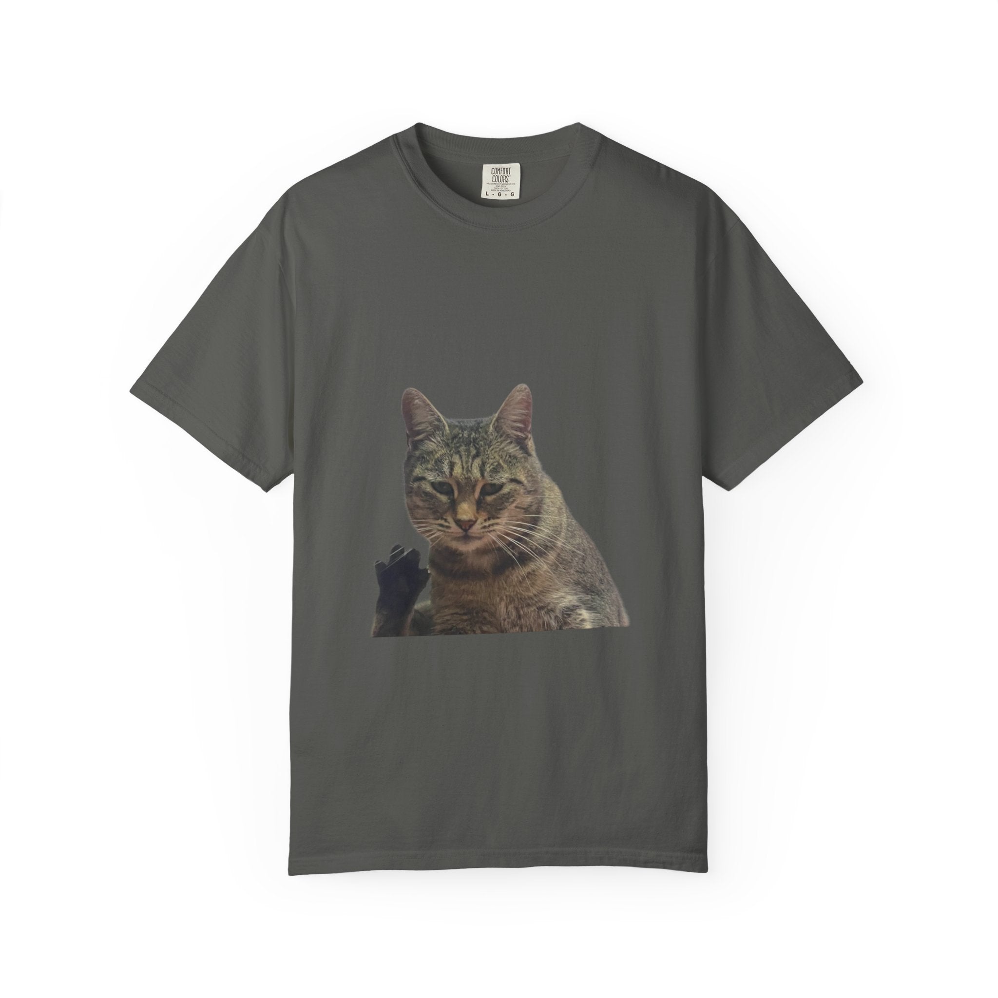 Gray t-shirt with a cat graphic on a white background