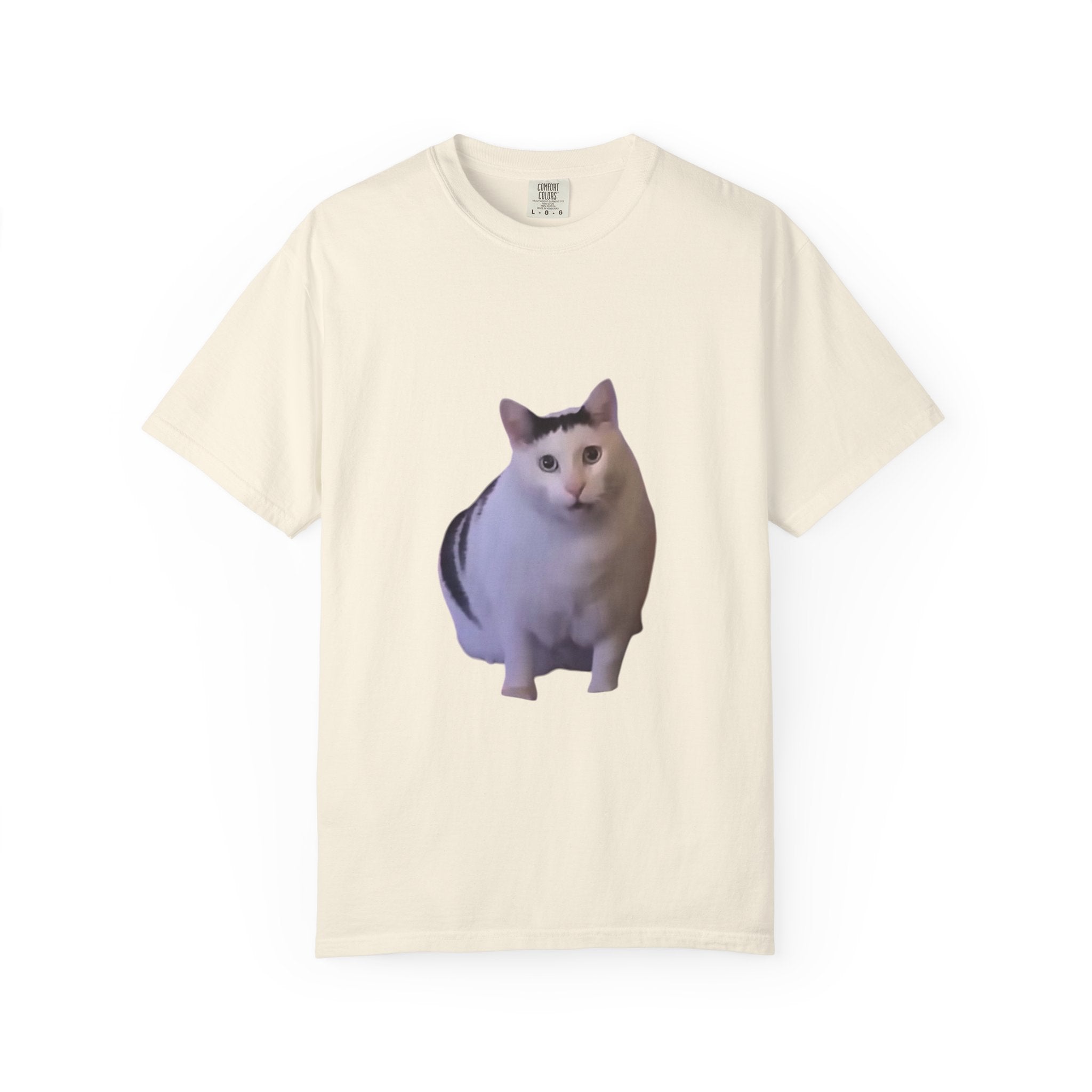 Beige t-shirt with a cat print on a white background