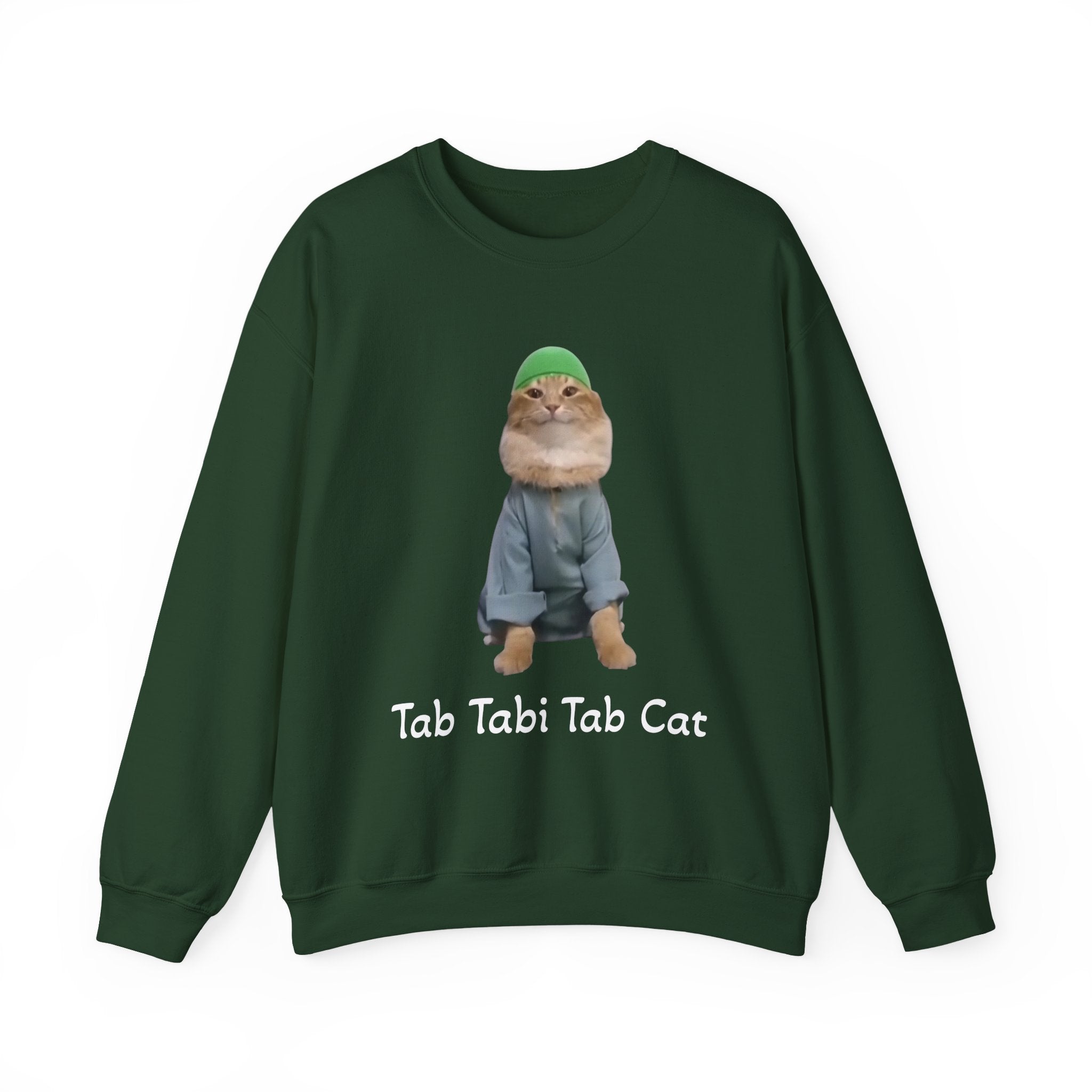 Green sweatshirt with a cat graphic and 'Tabi Tabi Tab Cat' text on a white background