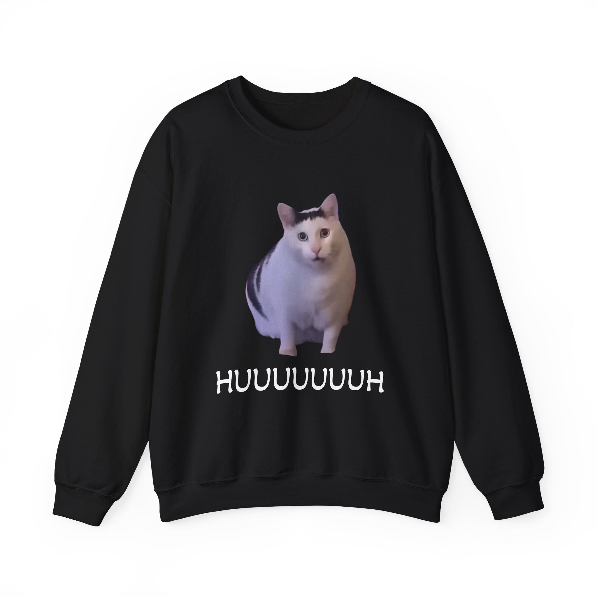 Black sweatshirt with a white cat graphic and 'HUUUUUUH' text on a white background