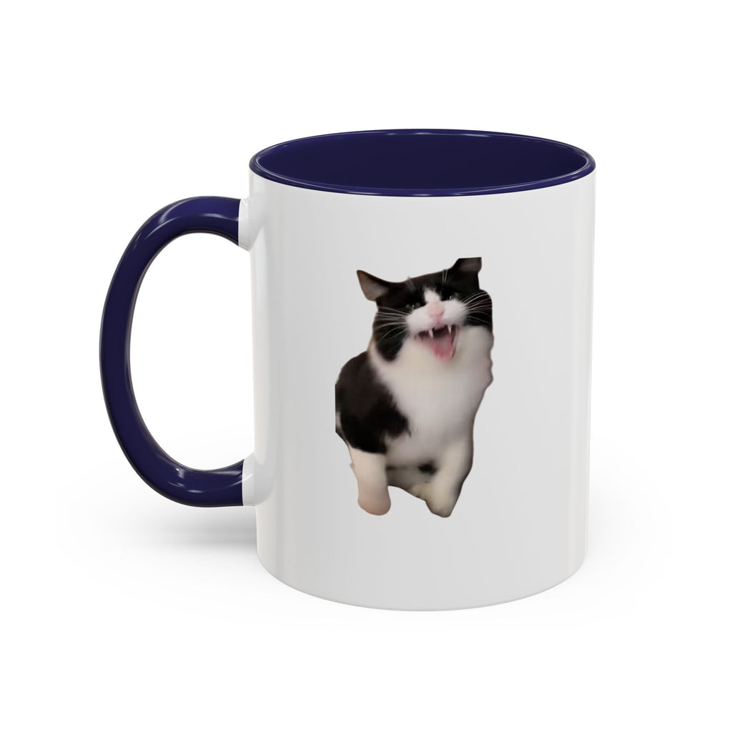 White mug with black handle featuring a cat design on a white background