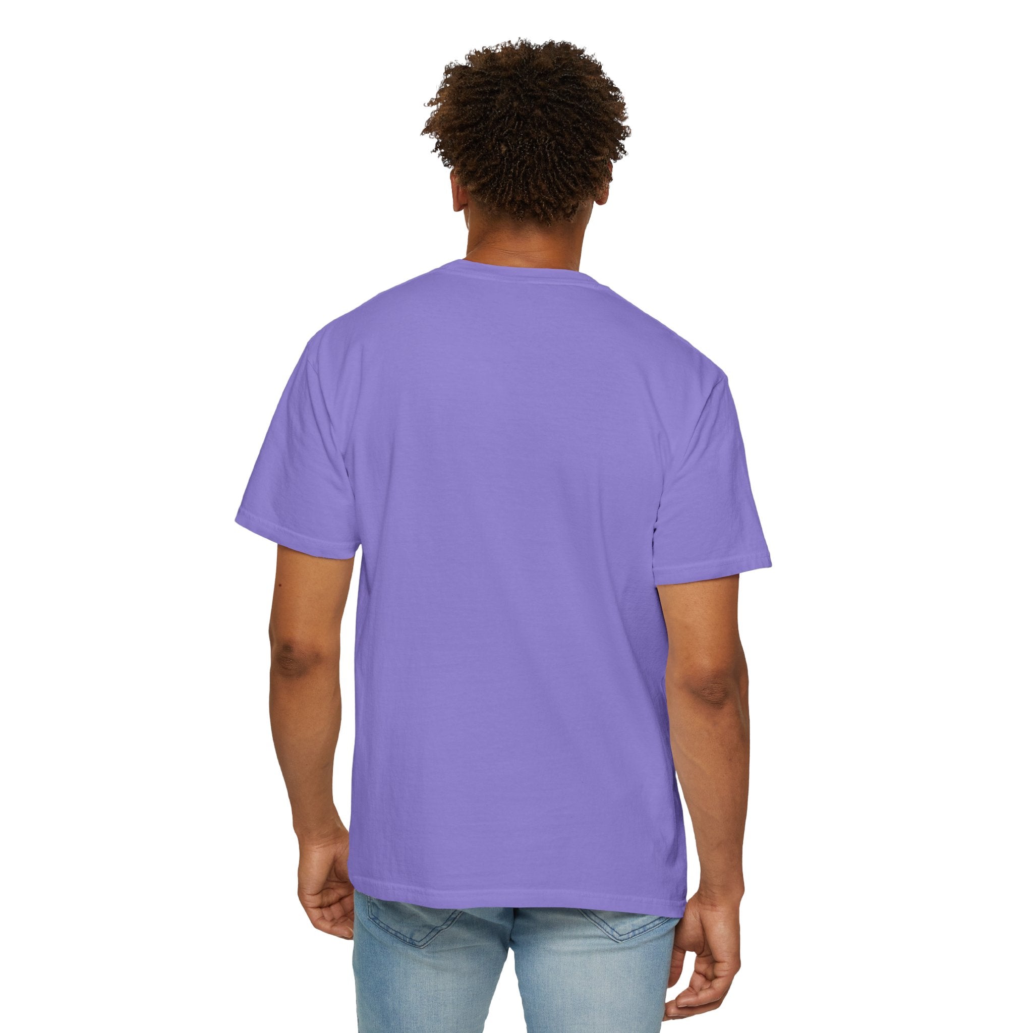 Person wearing a purple t-shirt with a logo on the back, standing against a white background