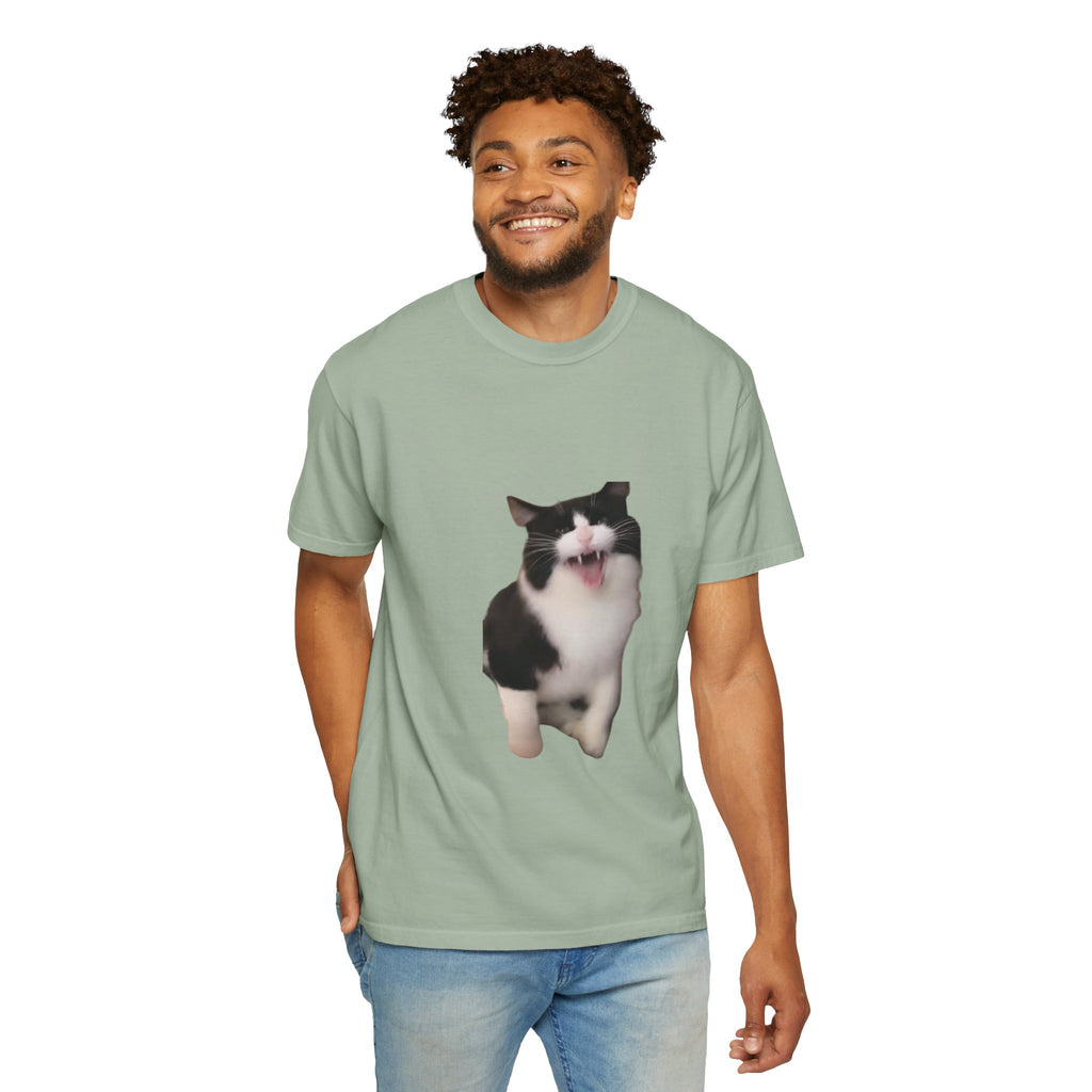 Man wearing a light green t-shirt with a cat graphic on a white background