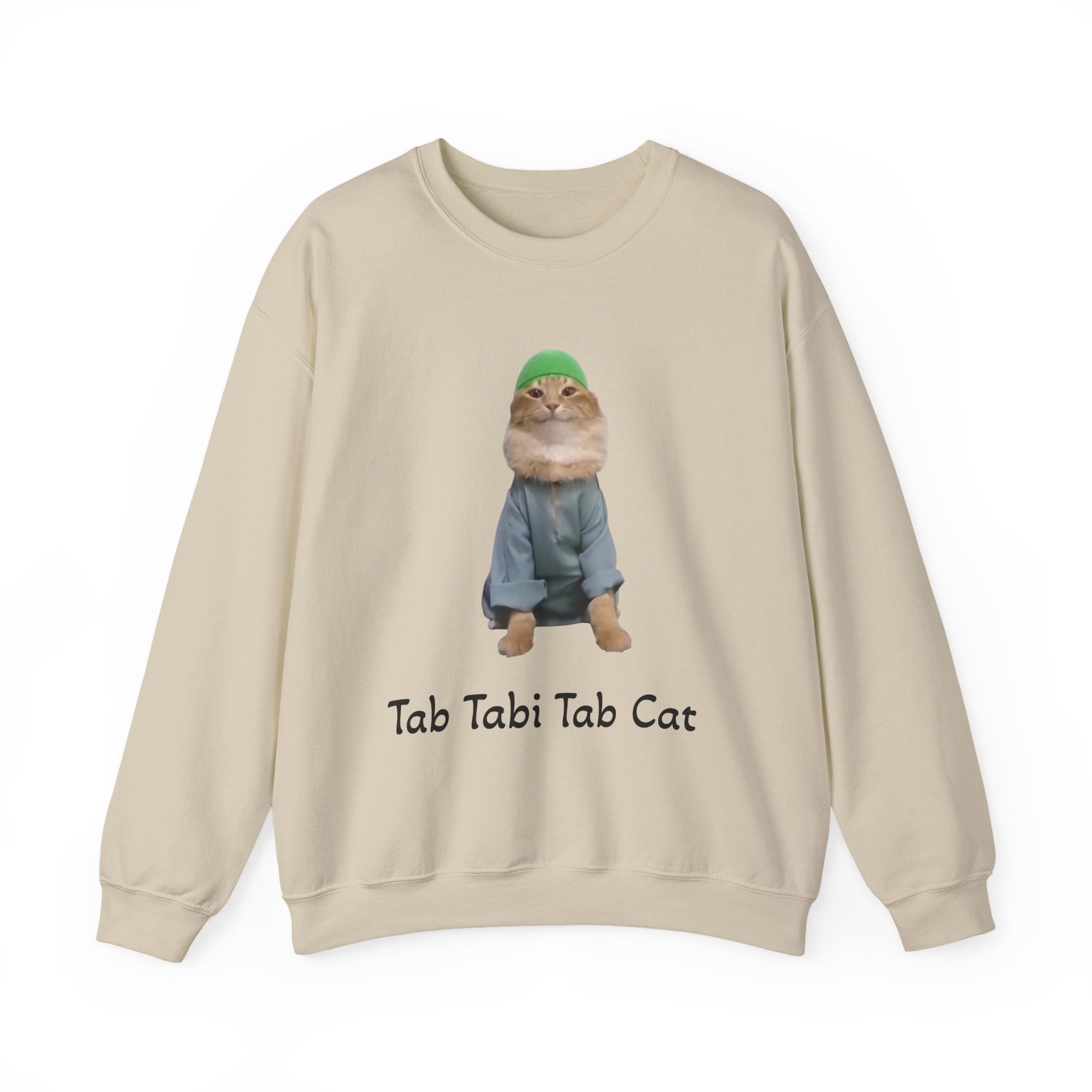 Beige sweatshirt with a cat graphic and 'Tab Tabi Tab Cat' text on a white background