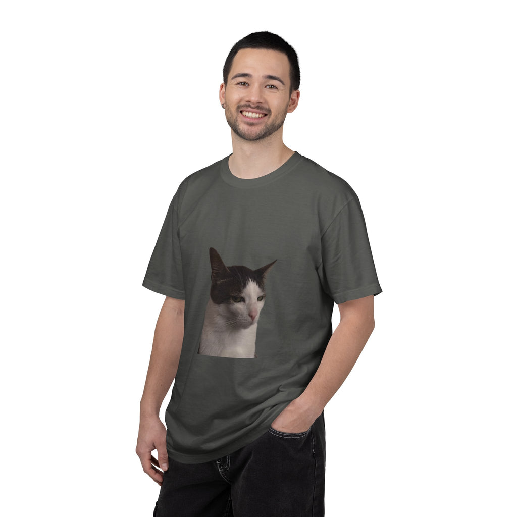 Man wearing a gray t-shirt with a cat print on a white background