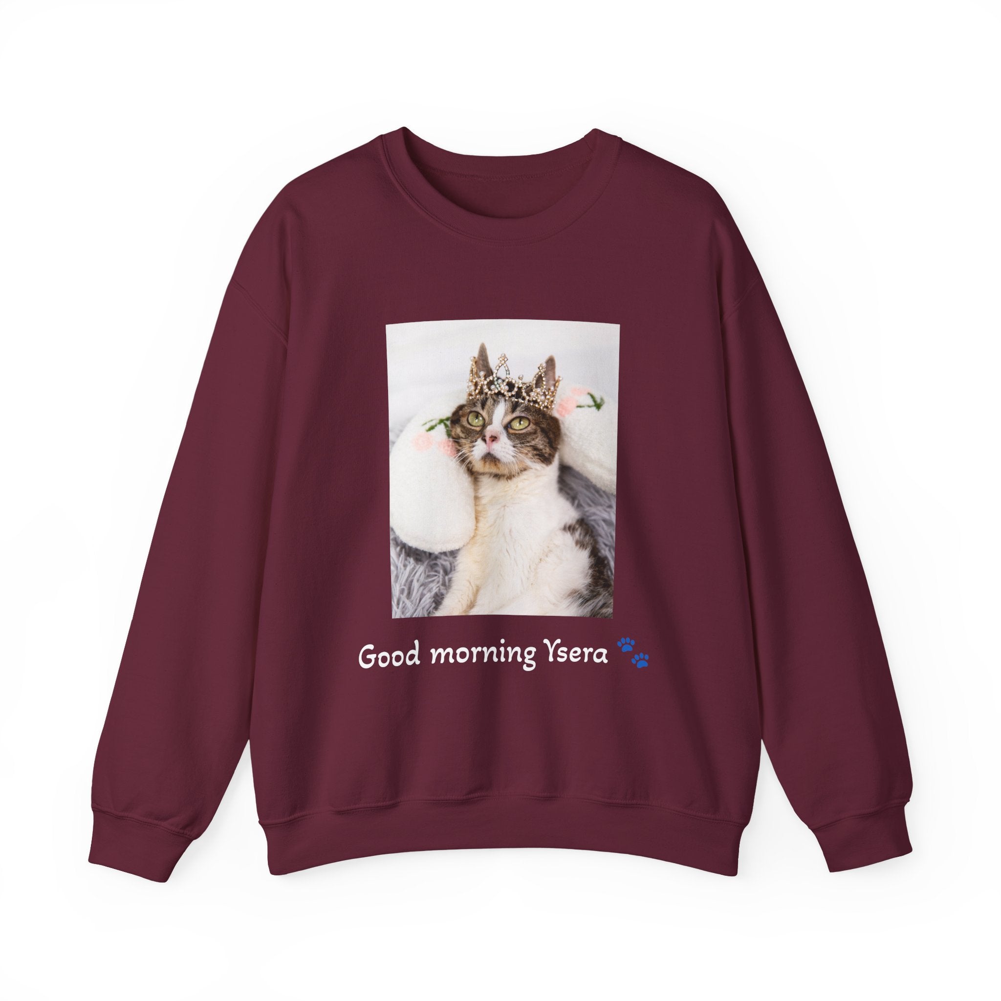 Maroon sweatshirt with a cat graphic and text 'Good morning Ysara' on a white background