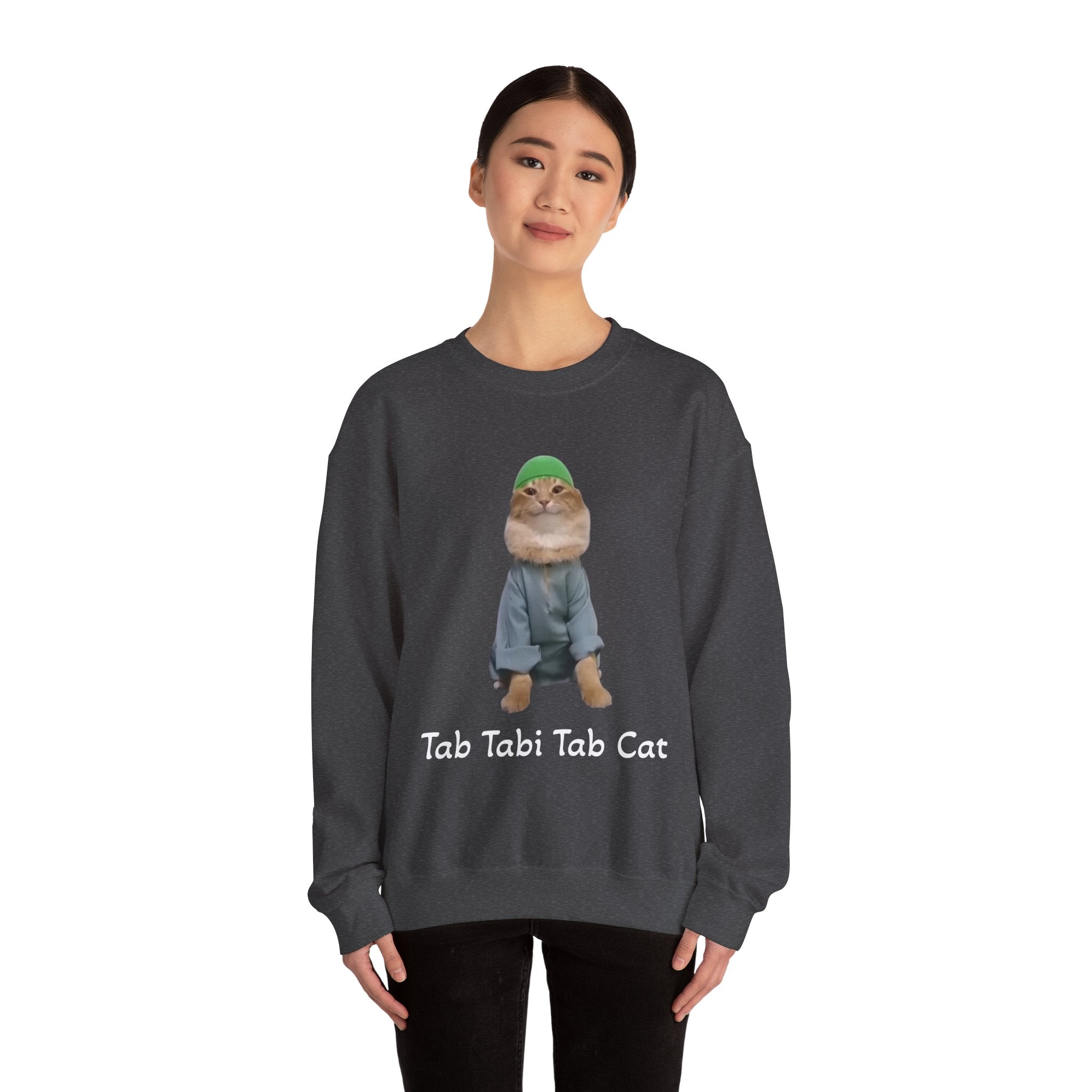 Person wearing a dark gray sweatshirt with a cat graphic and text on a white background