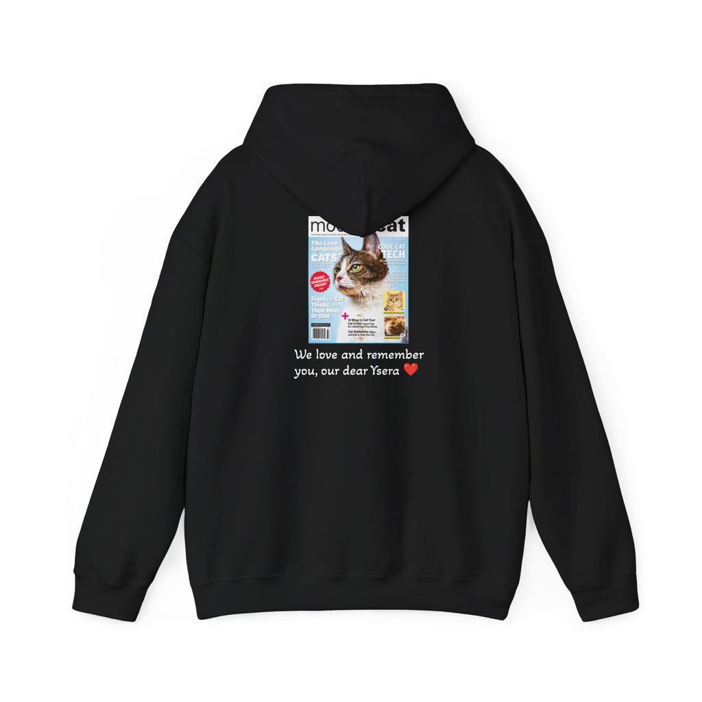 Black hoodie with a printed design on the back featuring a cat and text.