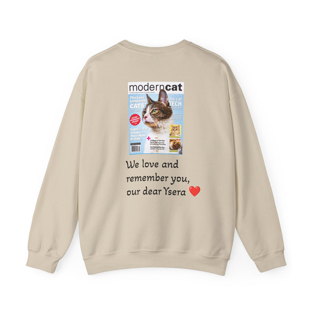 Beige sweatshirt with a magazine cover and text on the back, on a white background