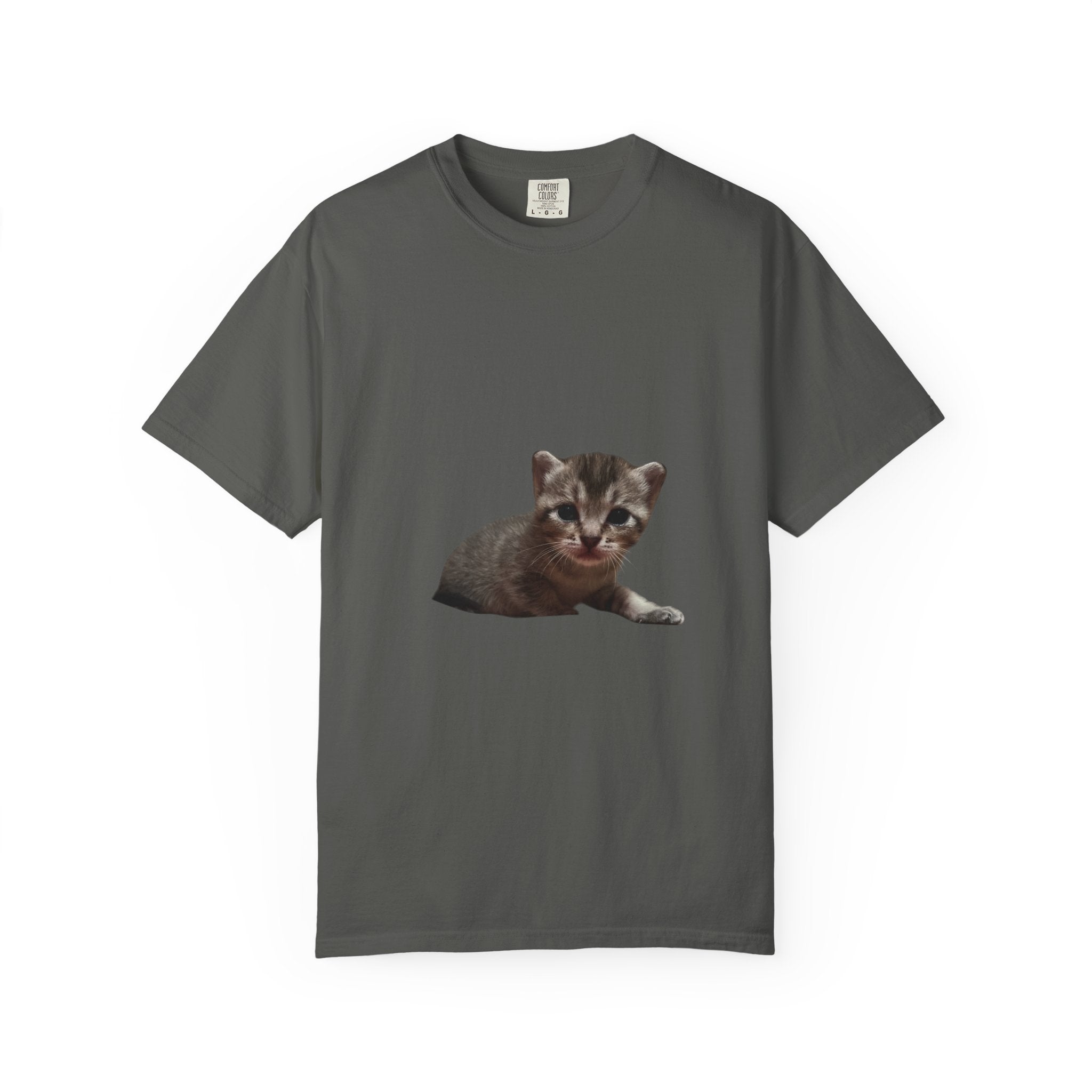 Gray t-shirt with a kitten graphic on a white background