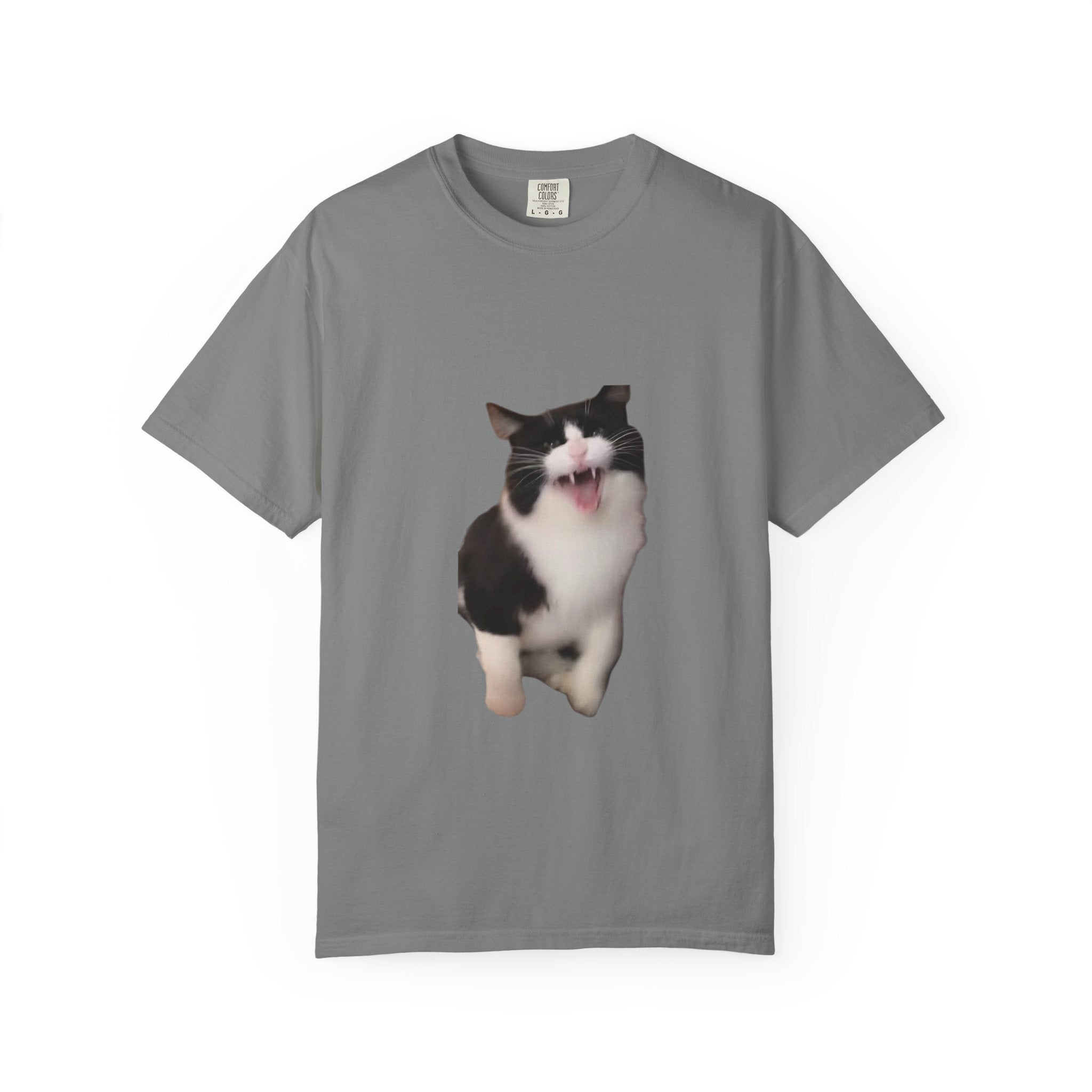 Gray t-shirt with a black and white cat graphic on a white background