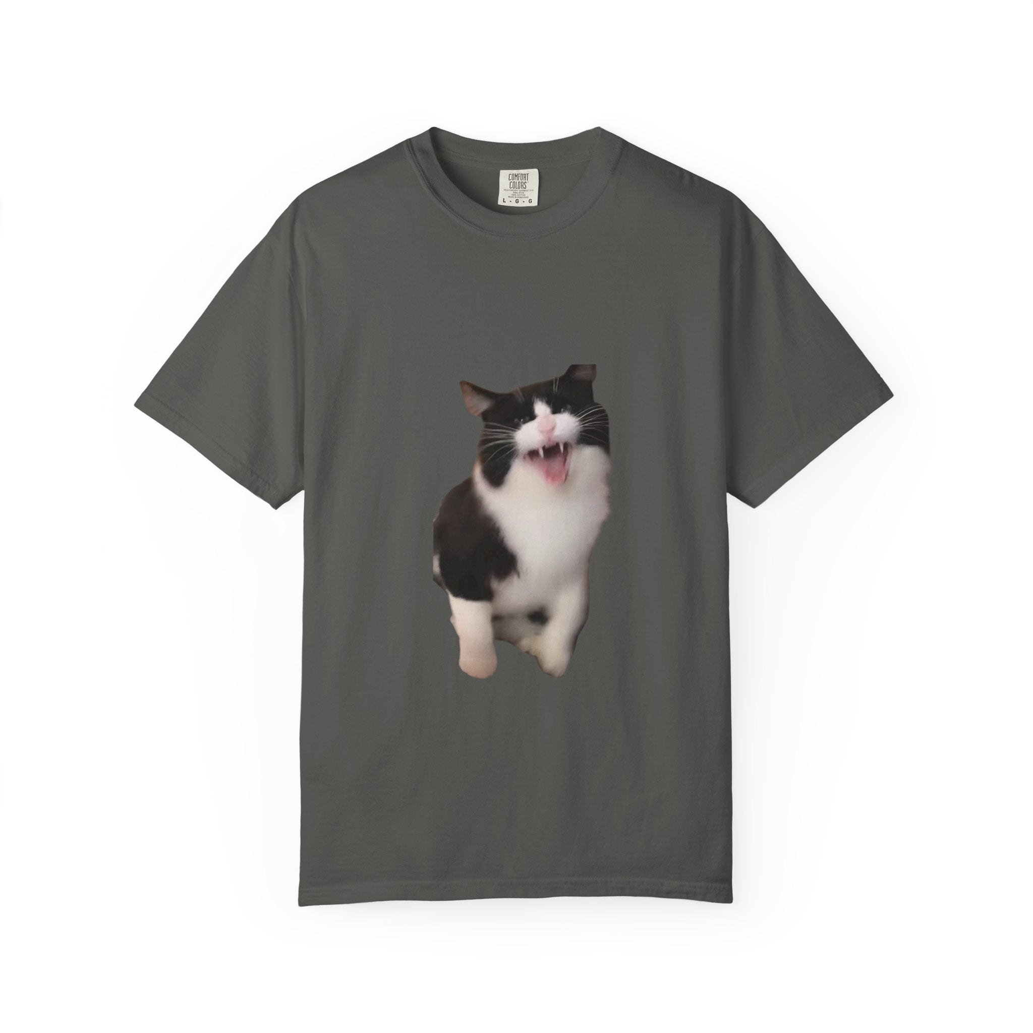 Gray t-shirt with a cat graphic on a white background